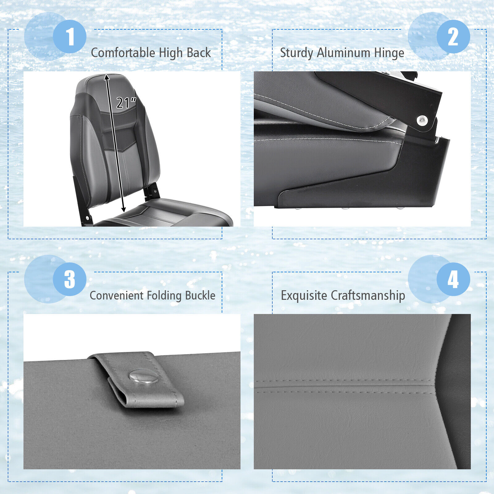 SUGIFT Black High Back Folding Boat Seat with Aluminum Hinges 17.5-in W 20-in D 24-in H 250-lb Chair Capacity