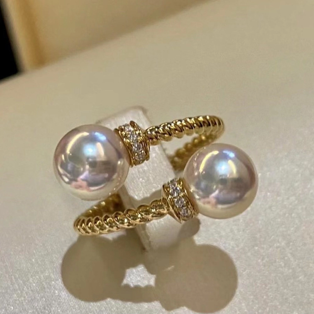 Wardrobe Whimsy Two Pearl Open Twist Band Ring with Cubic Zirconia for Women