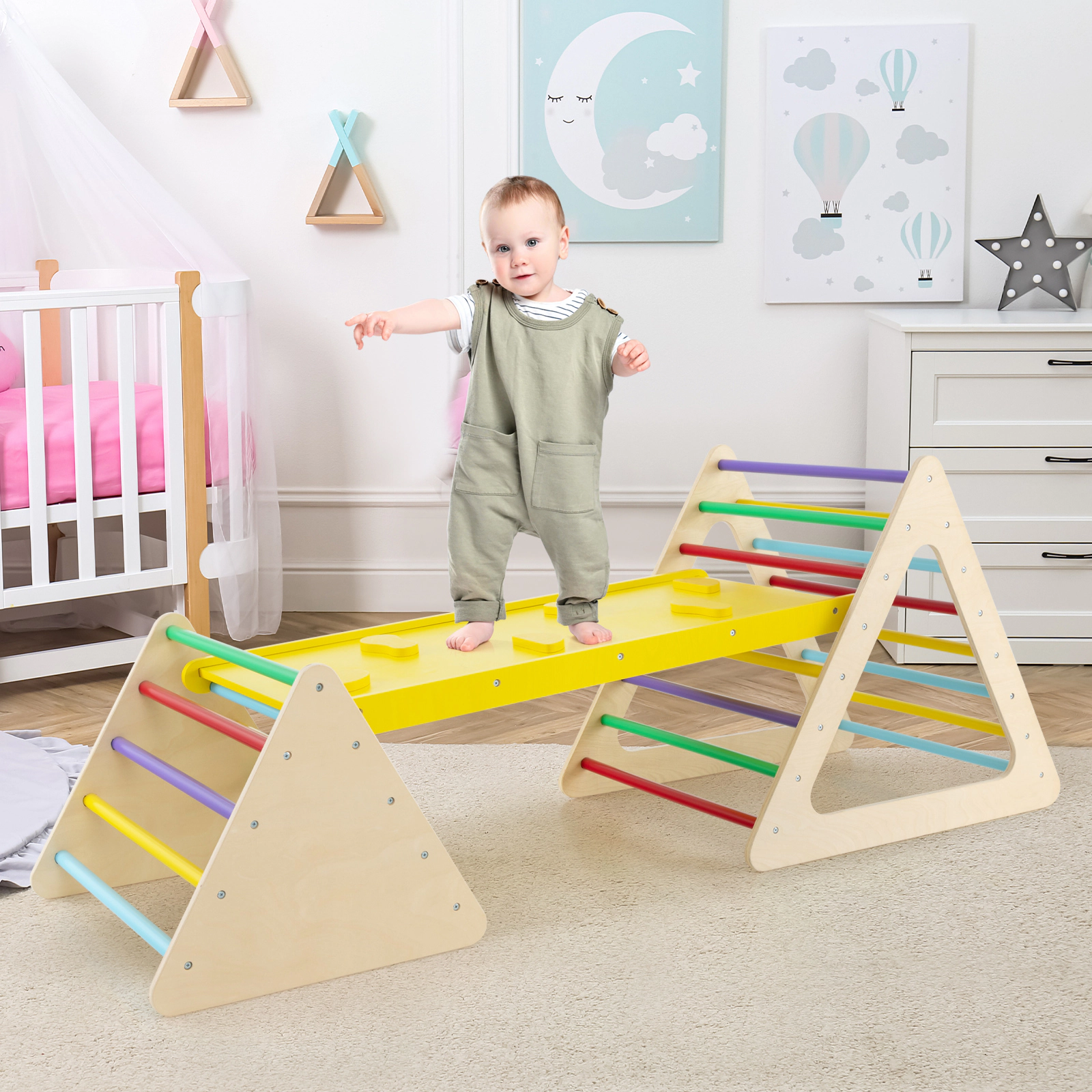 LJG 3 Piece Toddler Triangle Set Montessori with 2 Climbing Triangles and 1 Ramp
