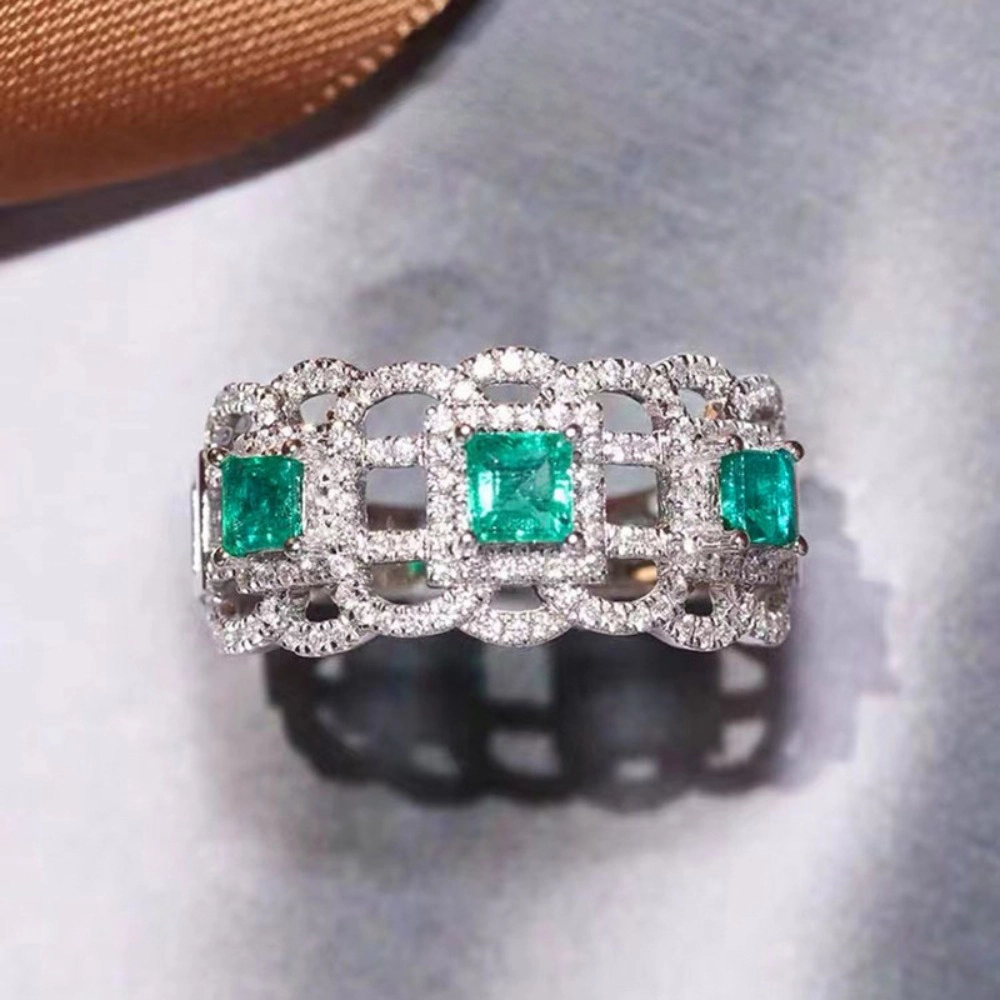 Luxury Green Synthetic Gemstone Hollow Wide Ring