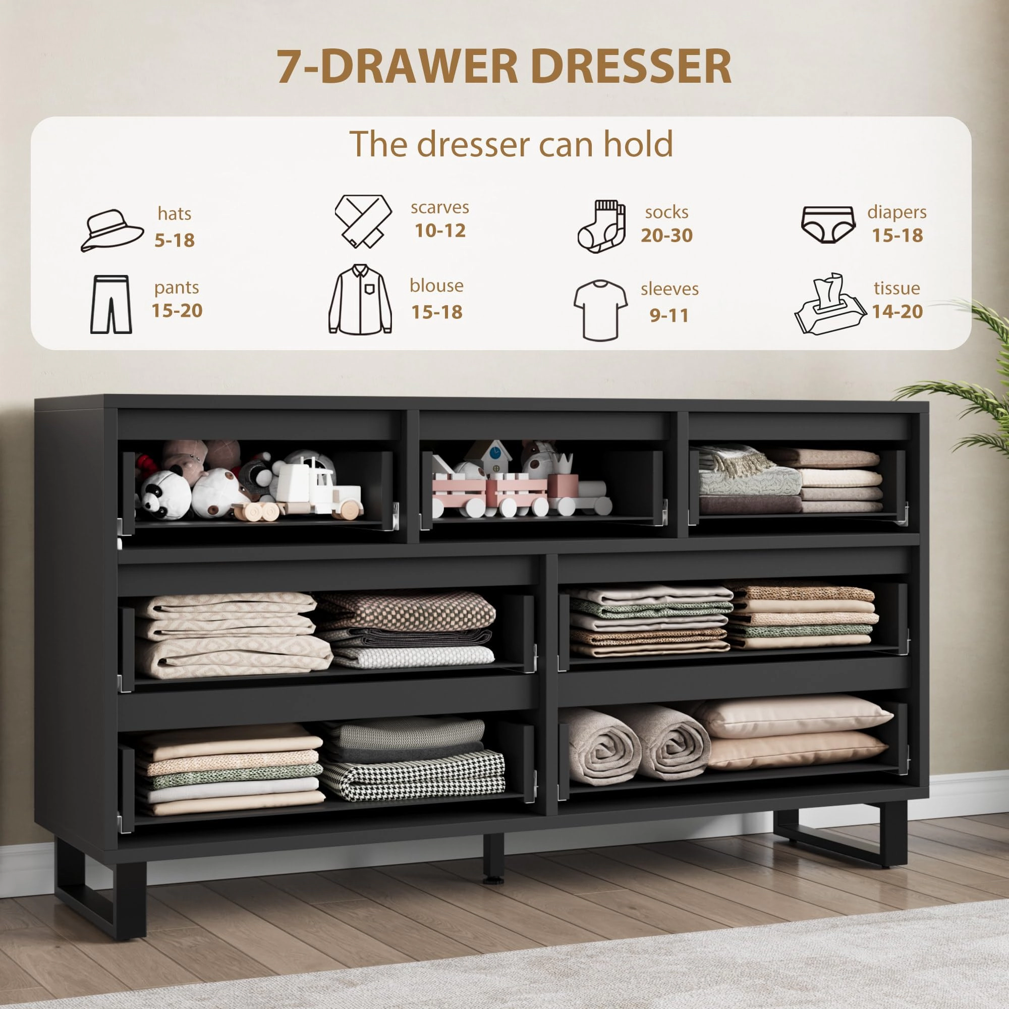 7 Drawer Dresser for Bedroom, 55" Wide Freestanding Wooden Storage Chest Living Room