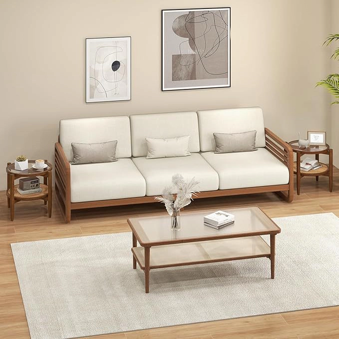 Glintex 2-Piece Round Rattan Side Table Set with Tempered Glass Tops, Walnut