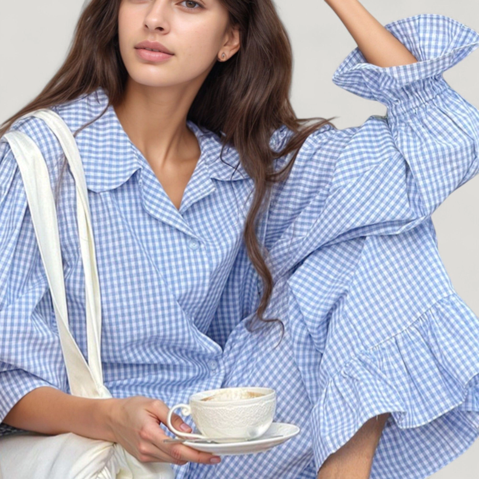 Anna-Kaci Women's Gingham Button Down Pajama Set with Long Sleeve Collared Top and Ruffle Hem Wide Leg Pants