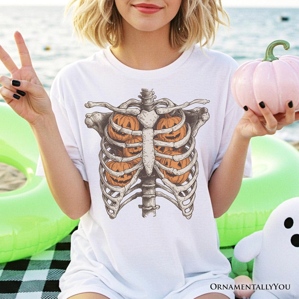 OrnamentallyYou Womens Ribcage Pumpkins Retro Skeleton Halloween T-Shirt
