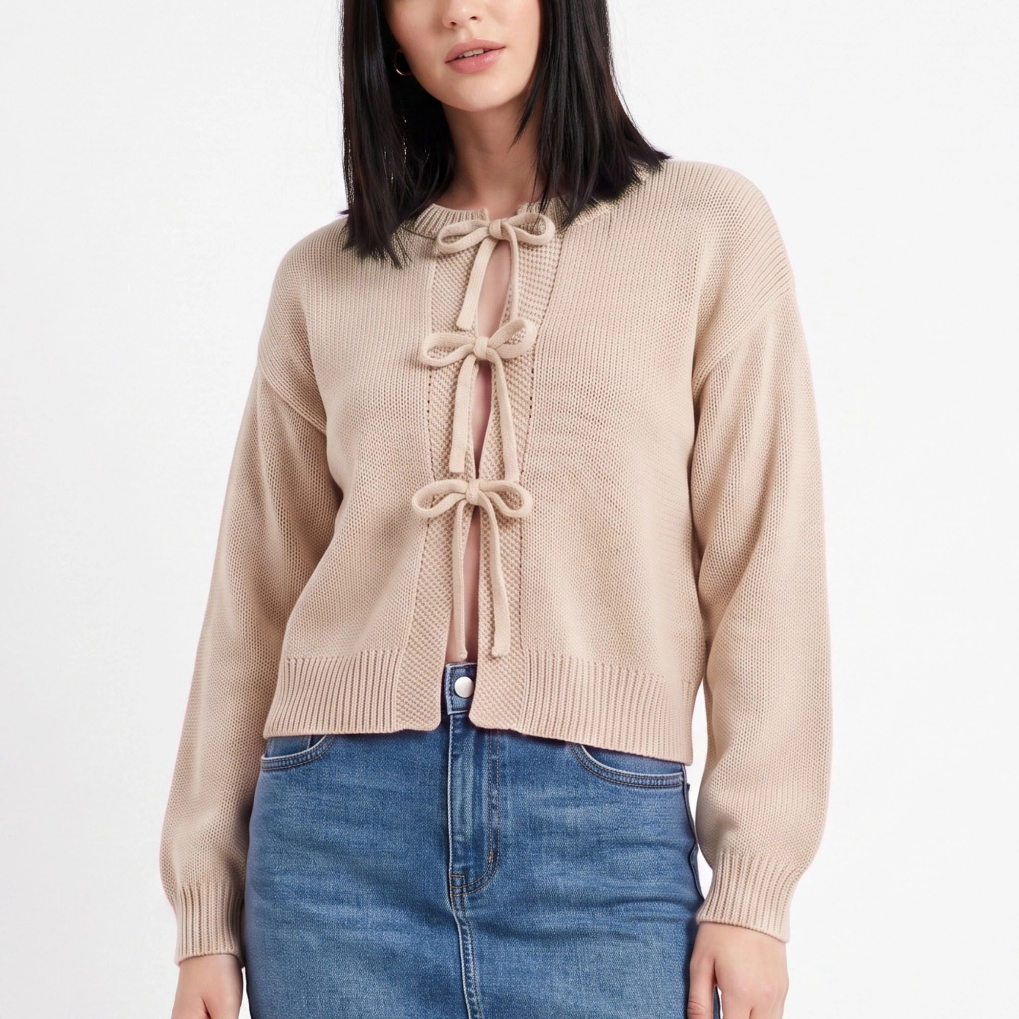 Anna-Kaci Women's Tie-Front Long Sleeve Cropped Knit Cardigan