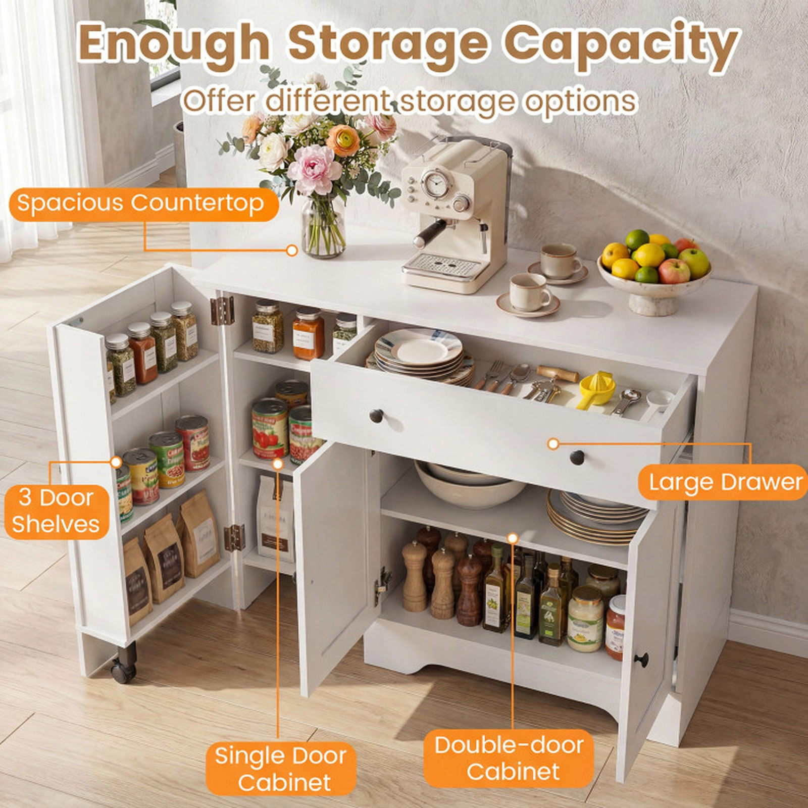 SUGIFT 41.5-in Lockable Rolling Wheel Door 3 Shelves Drawer Coffee Bar Cabinet 16-in D x 33-in H 290-lb Capacity White