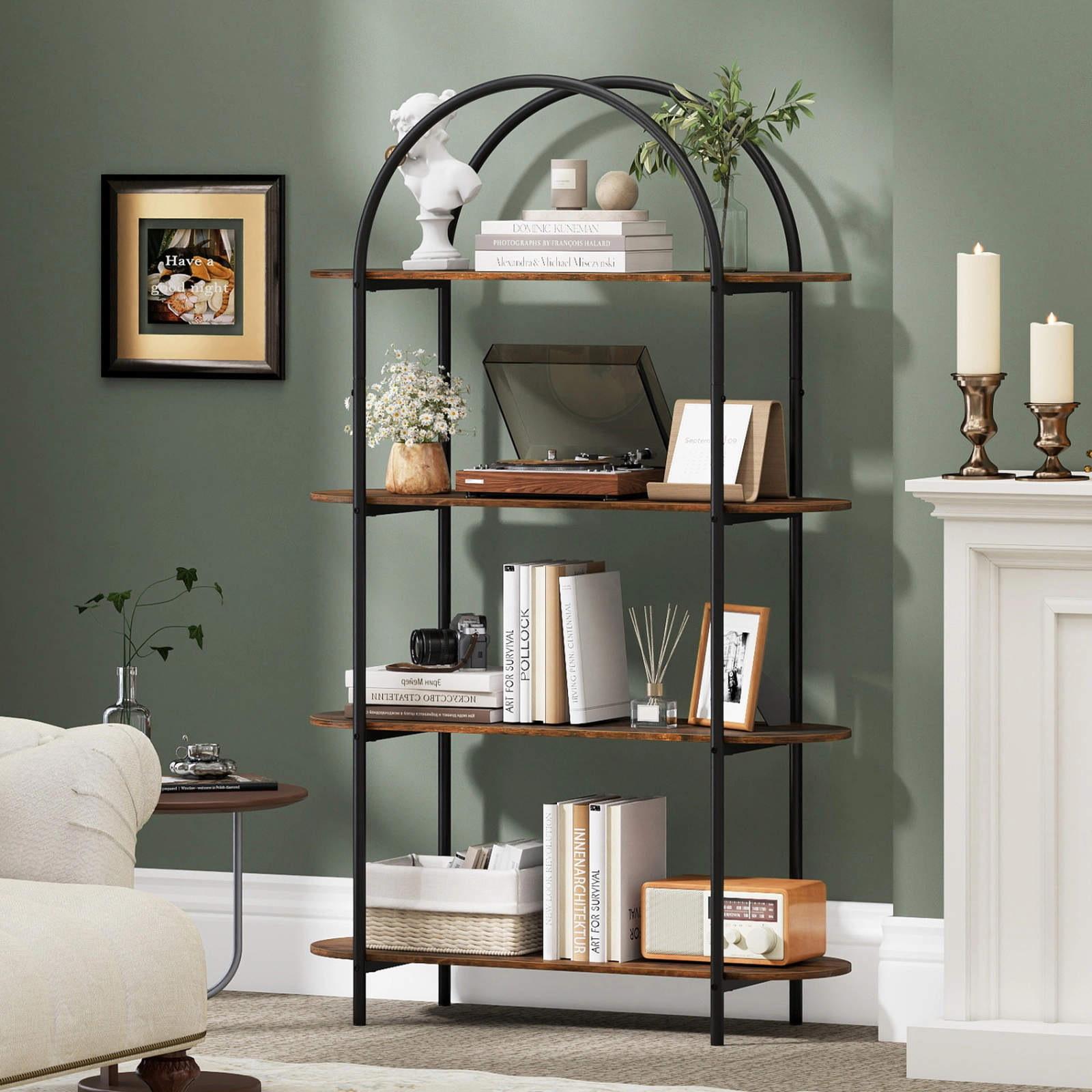 SUGIFT 4-Tier Arched Open Bookcase with Sturdy Metal Frame