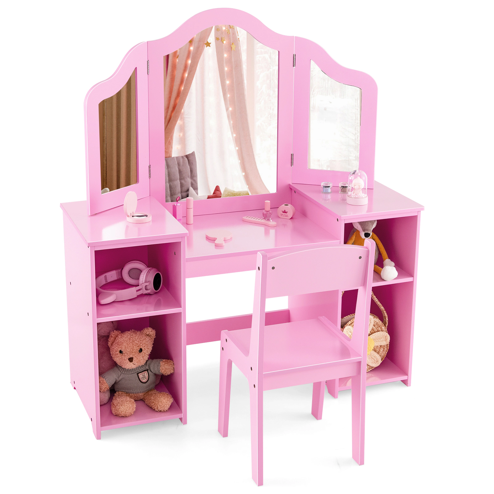 SUGIFT Removable Tri-Folding Mirror and 4 Cubbies Kids Vanity Table Chair Set