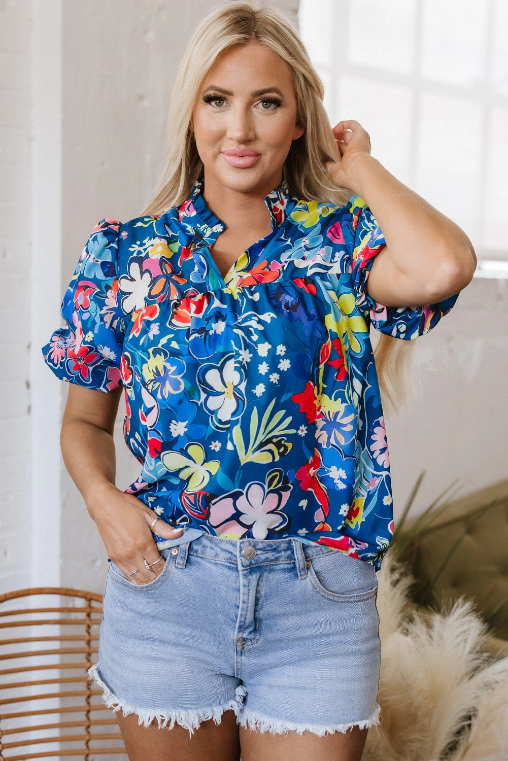 Threaded Pear Women's Ainara Flower Puff Short Sleeve Loose Blouse