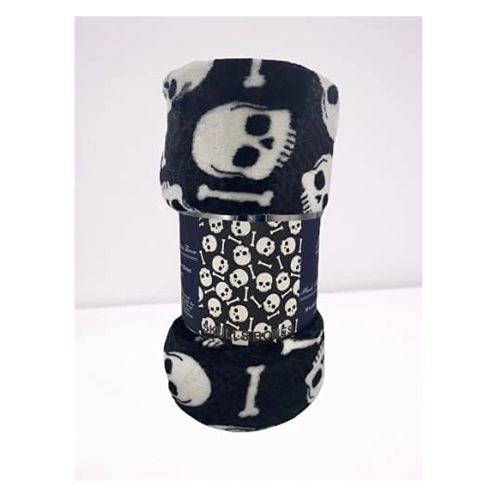 Plazatex Skull Bones Micro Plush Decorative Halloween Throw Blanket  50" X 60" Black And White