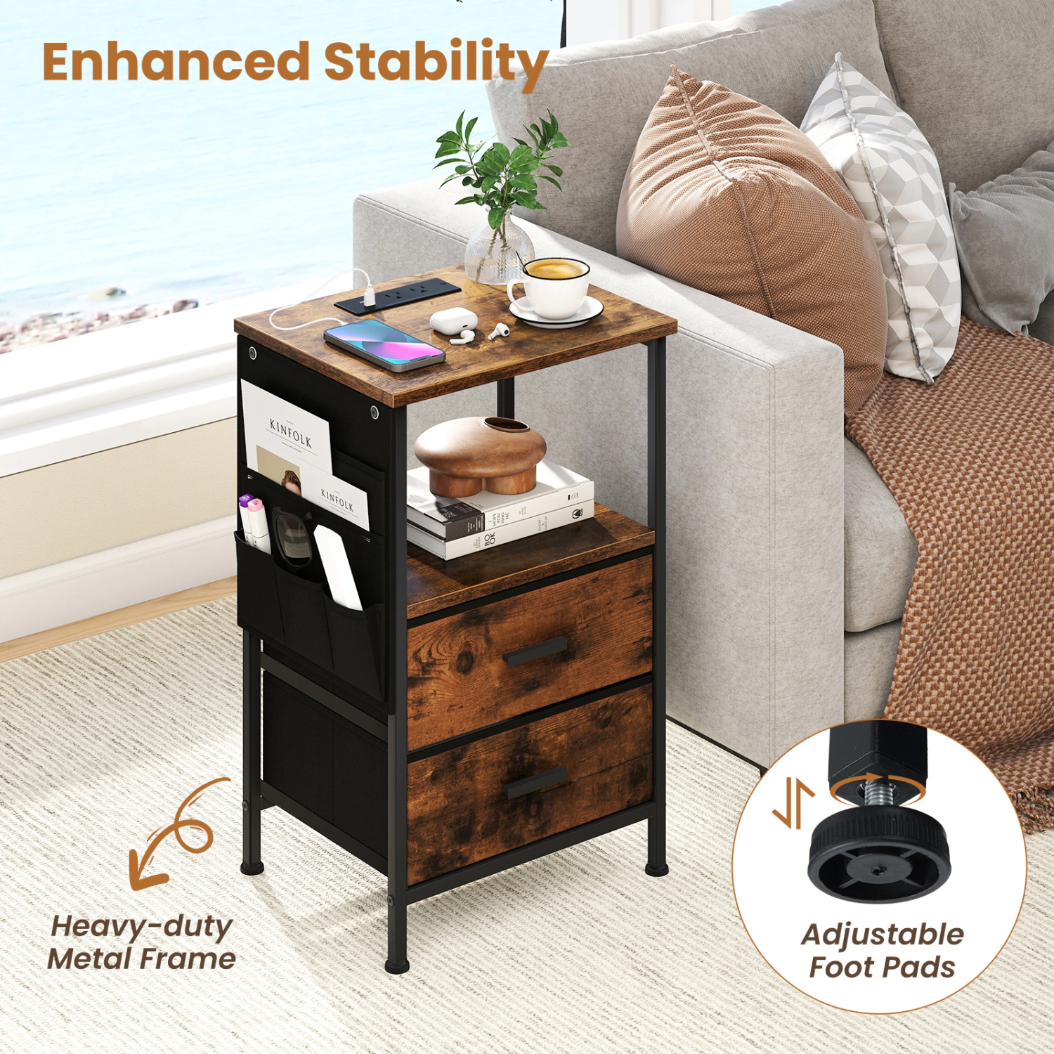 Glintex LED End Table with Charging Station and 2 Folding Fabric Drawers, Rustic Brown