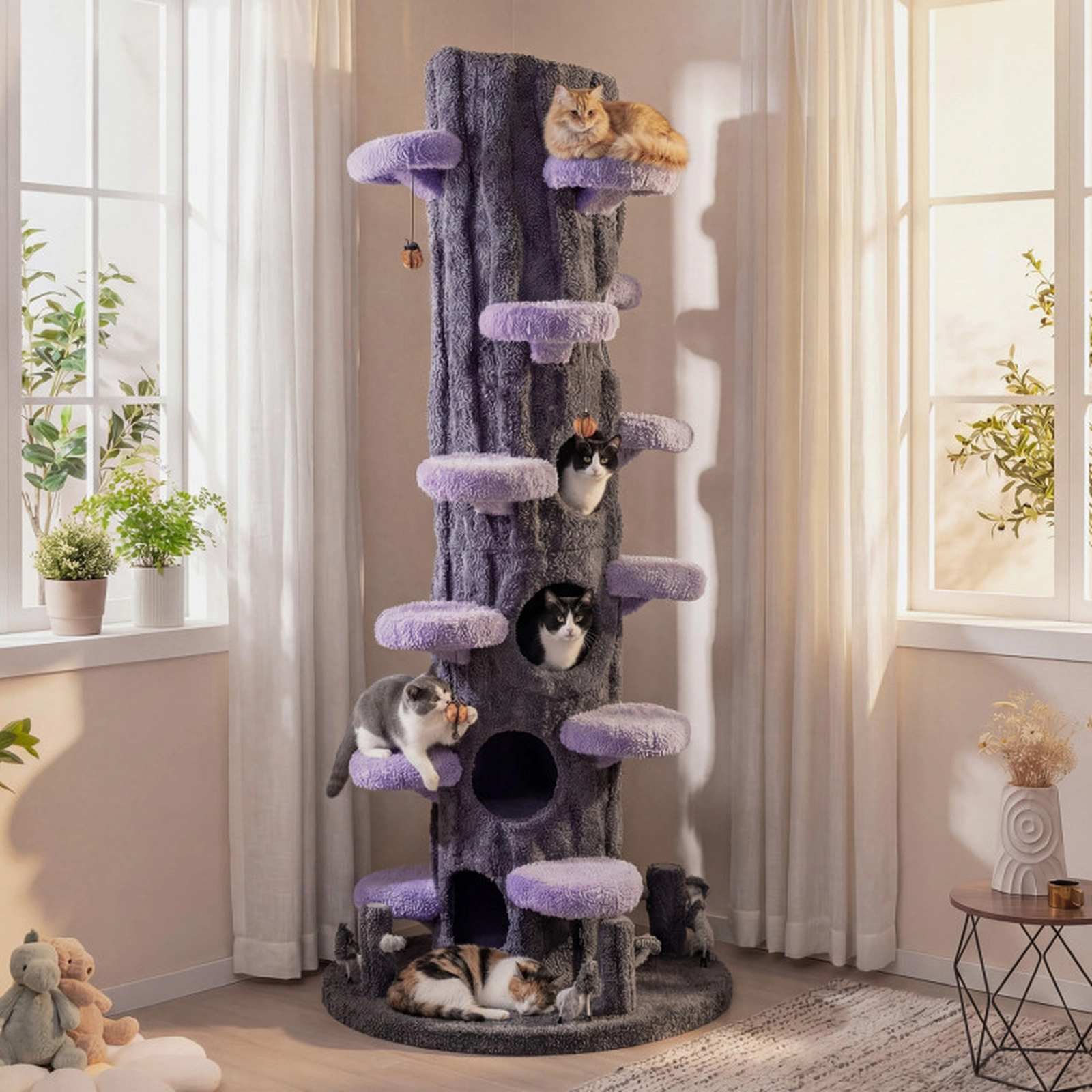 SUGIFT Purple 90.5-in Tall Multifunctional Cat Tree with Private Condos and Sisal Scratching Panel