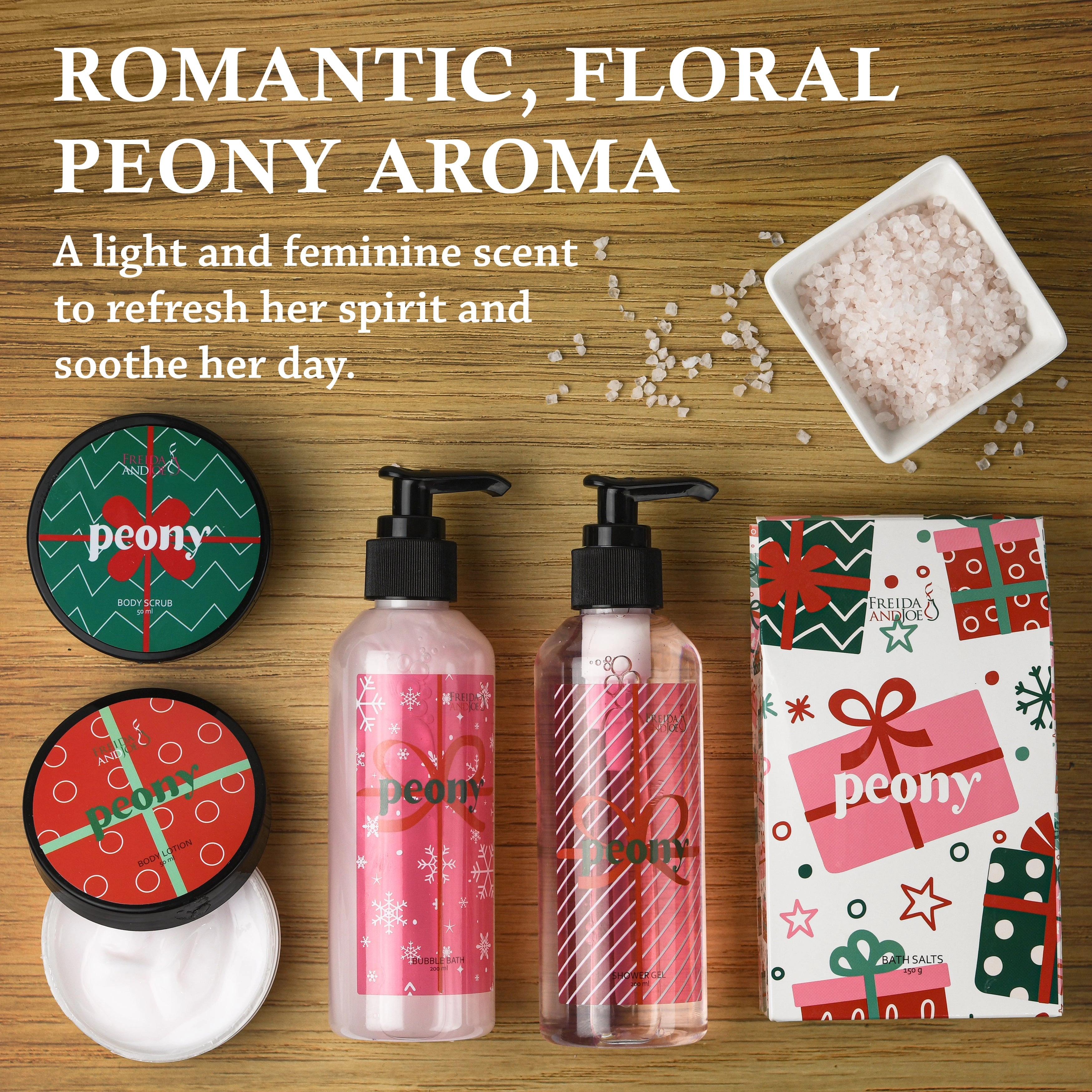 Freida and Joe  Women Pink Peony Bath & Body Spa Gift Set In Natural Wood Basket
