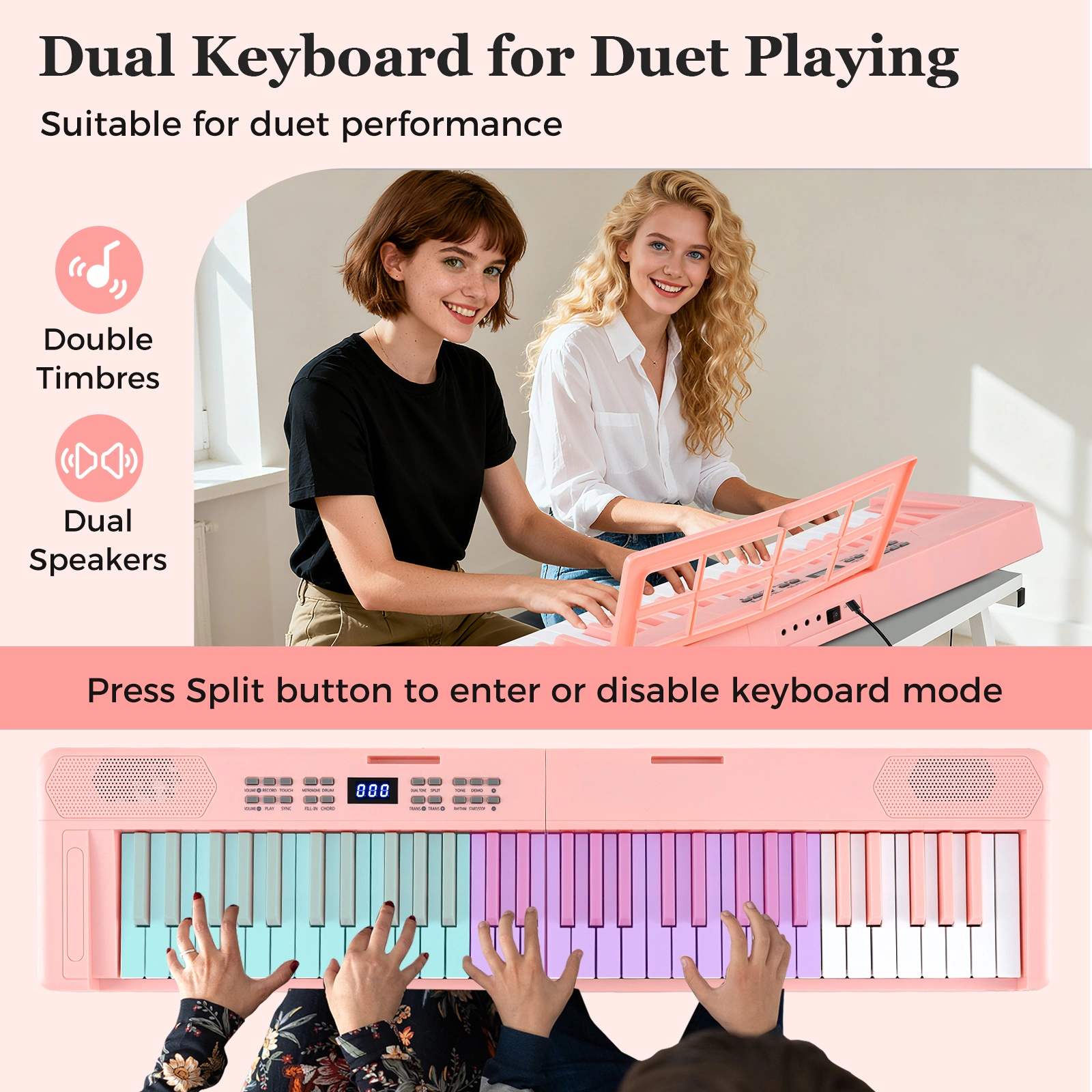 SUGIFT Pink 61-Key Foldable Piano Keyboard with Dual Speakers and Sustain Pedal Jack 37-in W 8.5-in D 2.5-in H