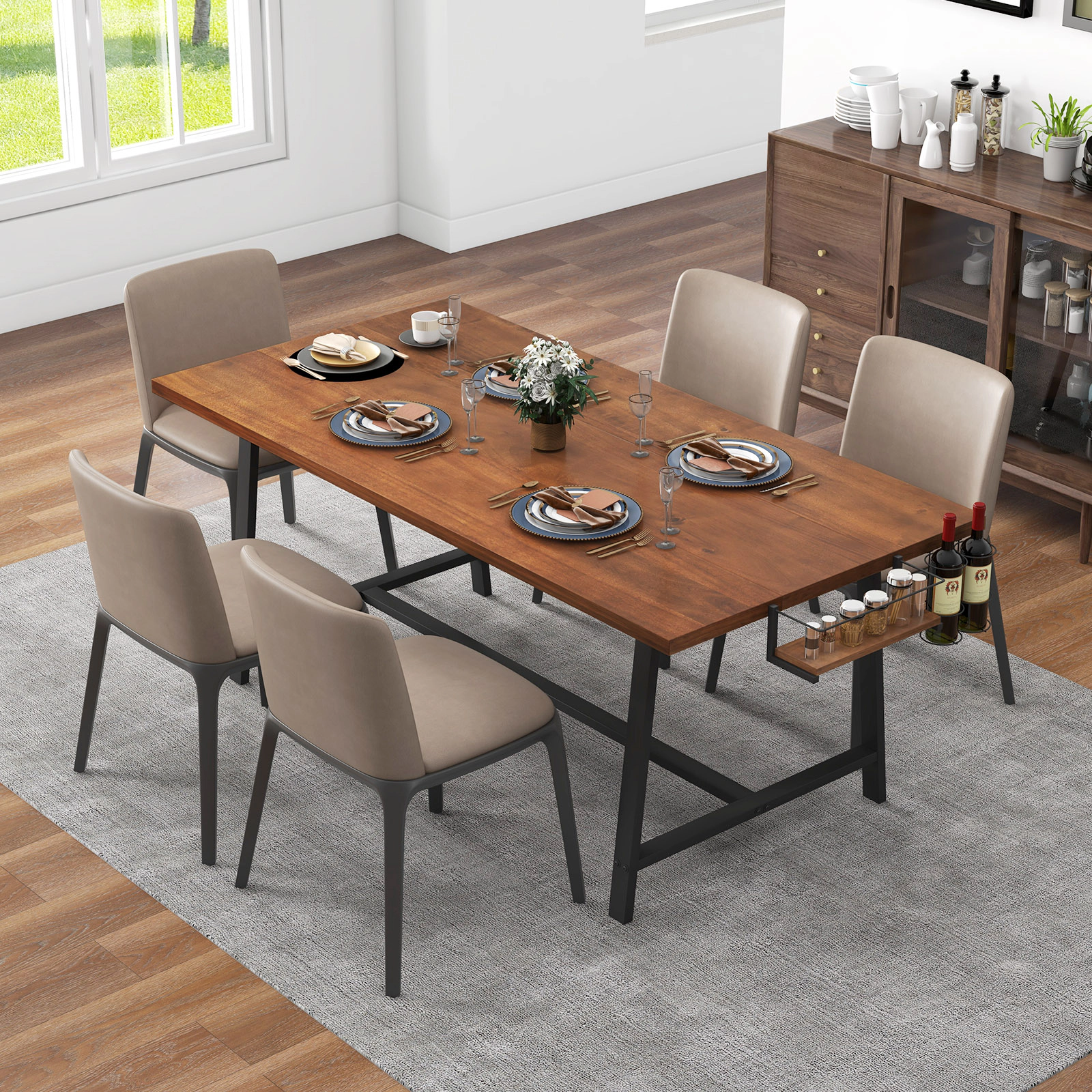 SUGIFT 72-in Rectangular Dining Table with 2-Bottle Wine Rack and Condiment Holder 330-lb Capacity Walnut & Black