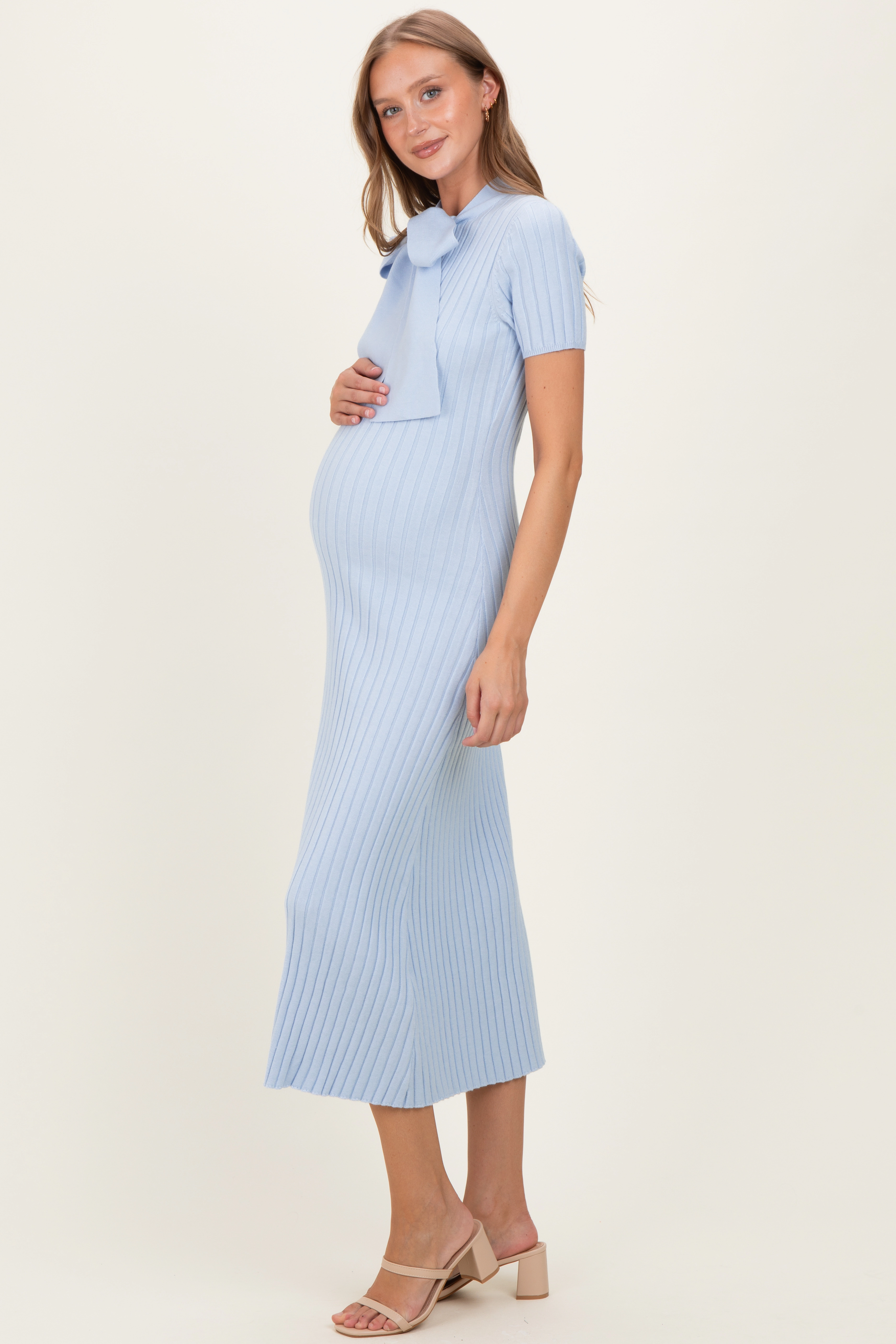PinkBlush Womens Sky Blue Ribbed Knit Tie Neck Maternity Midi Dress