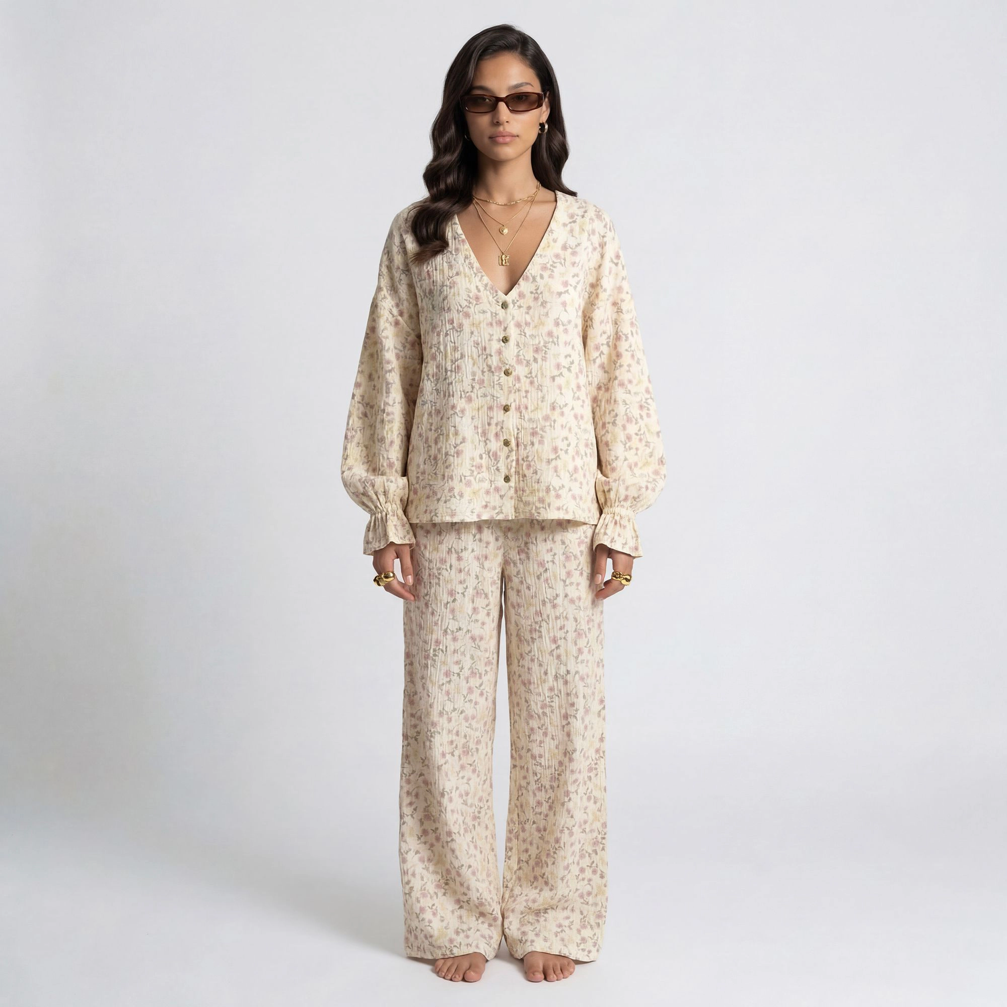 Anna-Kaci Women's Floral Print Woven Pajama Set with V-Neck Button Down Top and Wide Leg Elastic Waist Pants