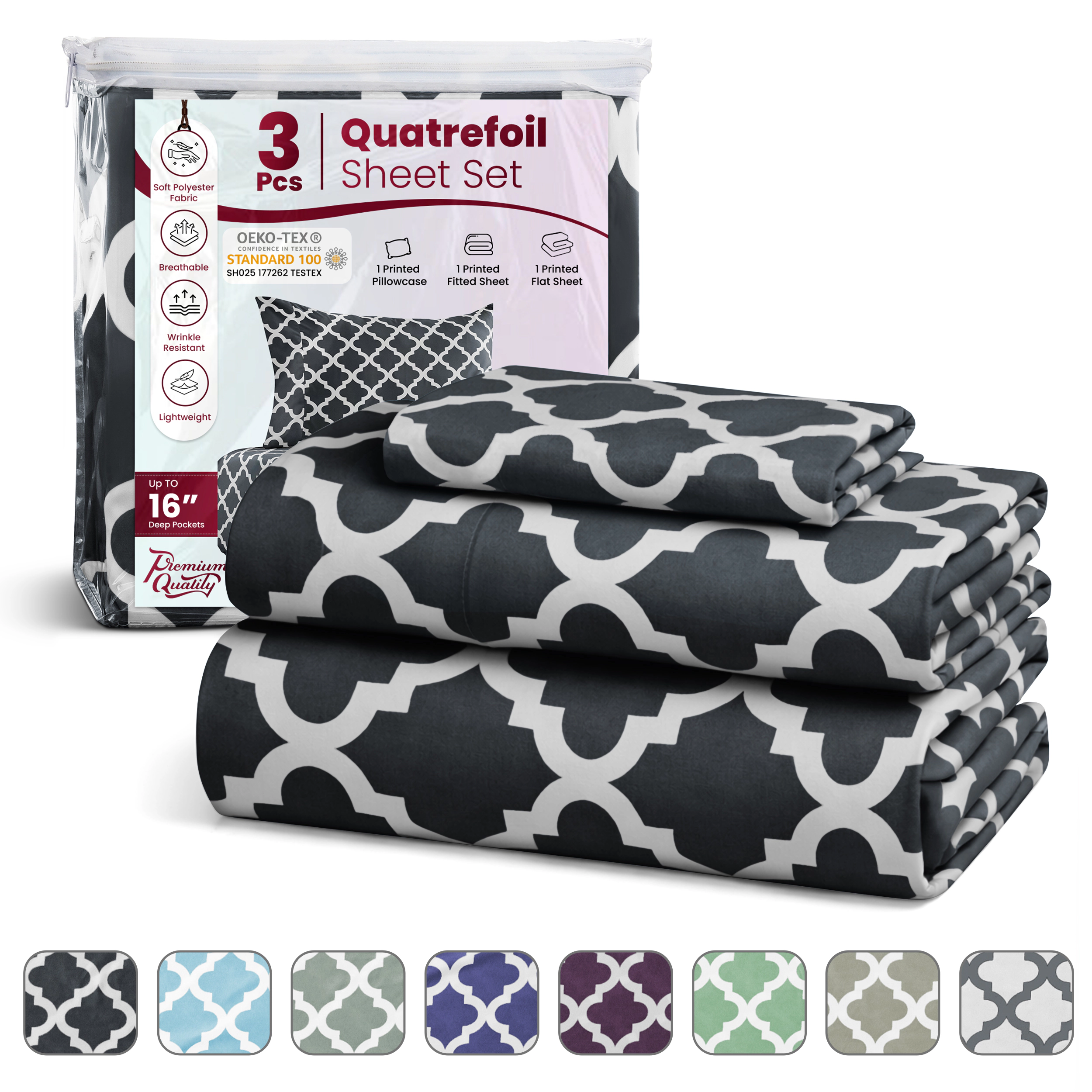Lux Decor Collection 4-Piece Printed Bedsheets Ultra Soft Quatrefoil Design Deep Pocket Sheet Set