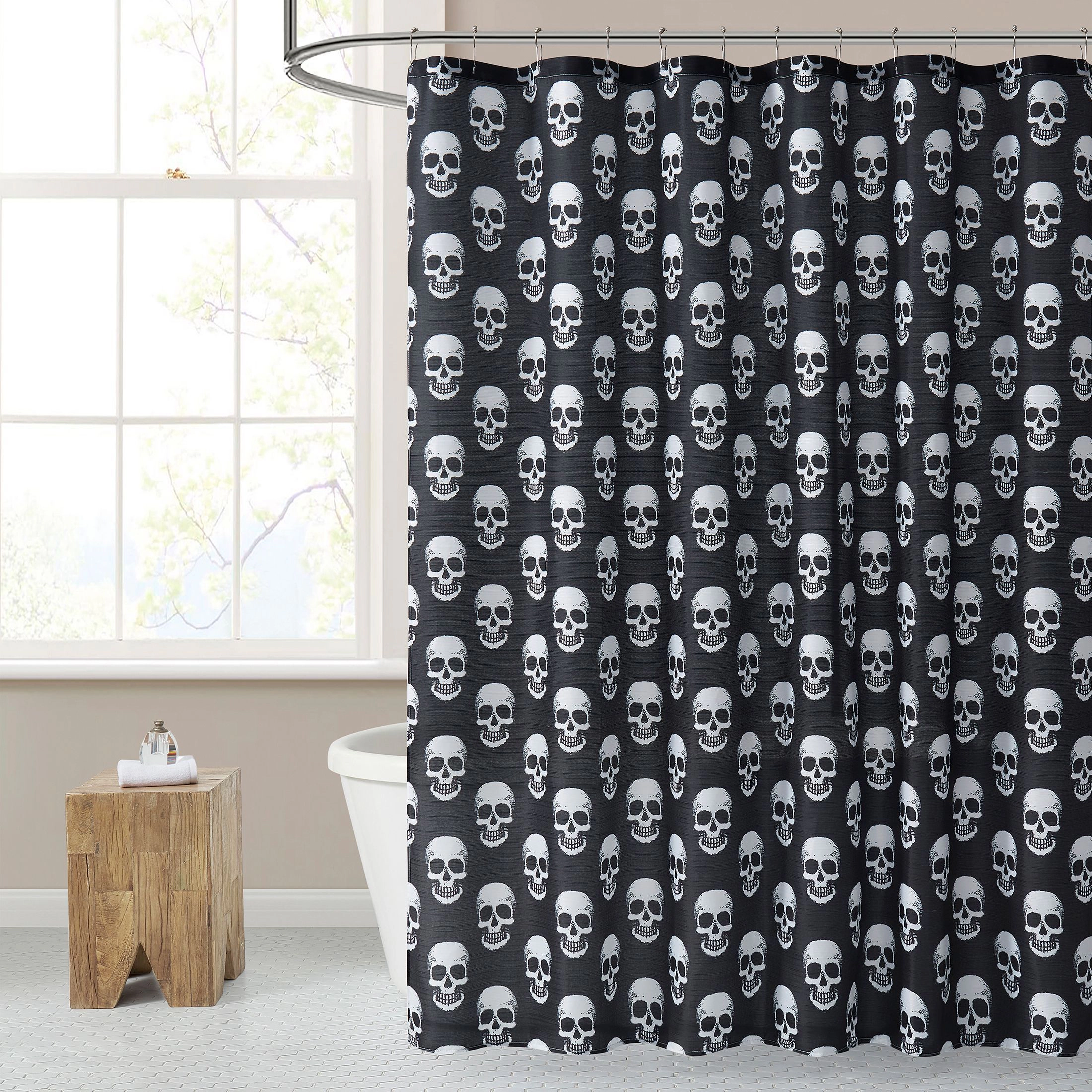 Kate Aurora Halloween Accents Black & White Friendly Skulls Fabric Shower Curtain