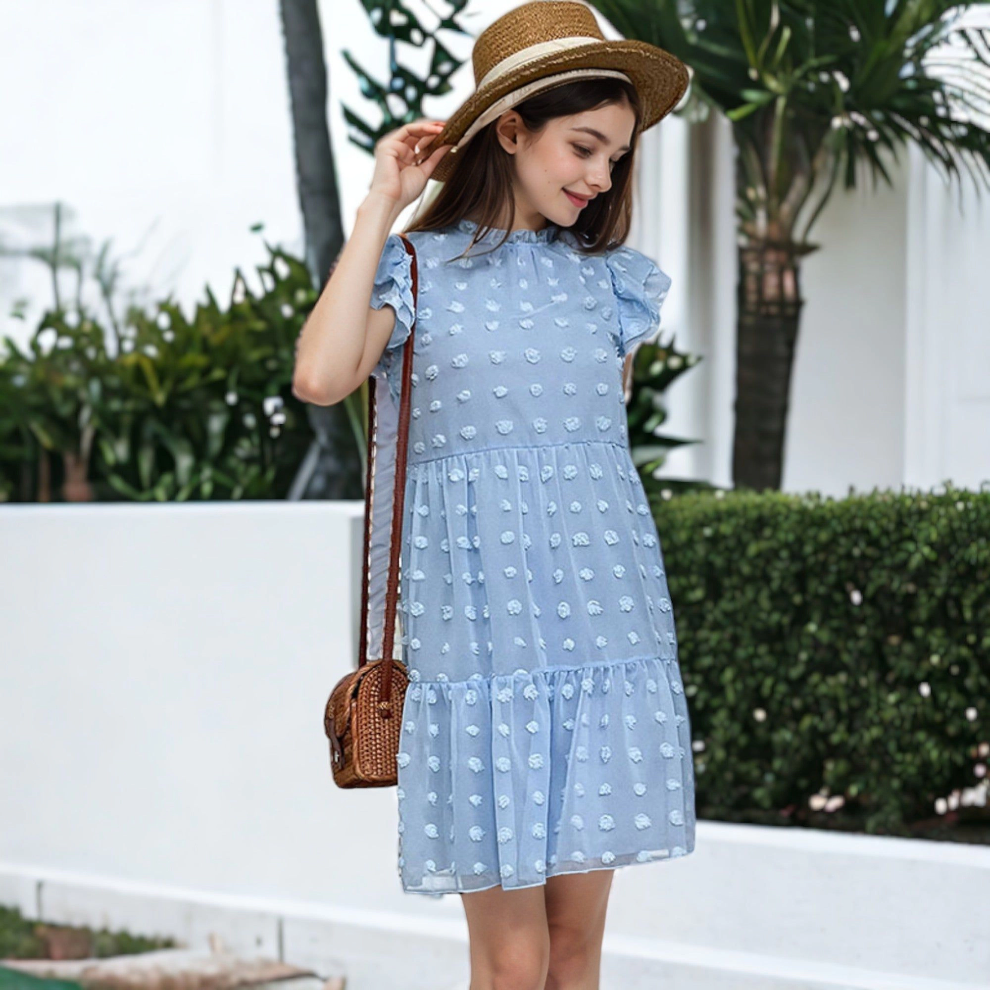 Anna-Kaci Women's Summer Swiss Dot High Neck Short Sleeve Ruffle Loose Dress
