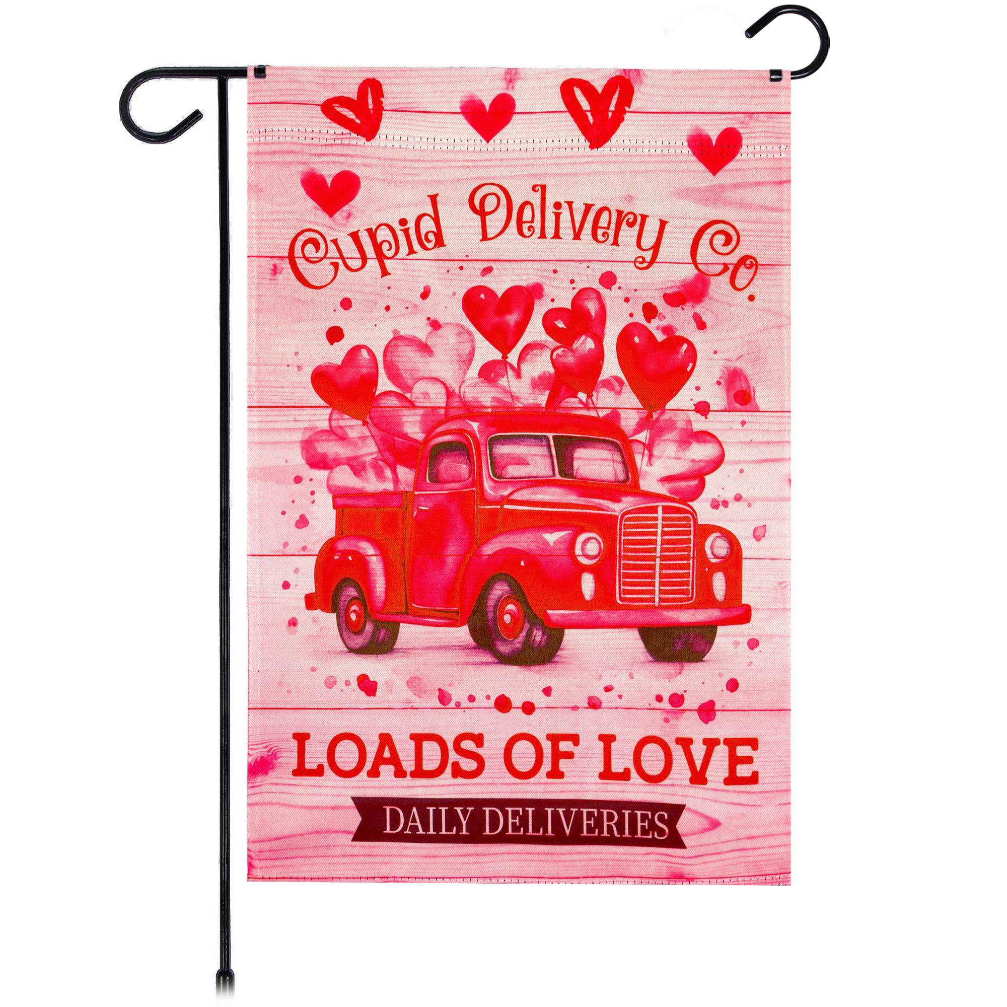 G128 Valentine's Day Cupid Delivery Truck Garden Flag 12x18 in Double-Sided
