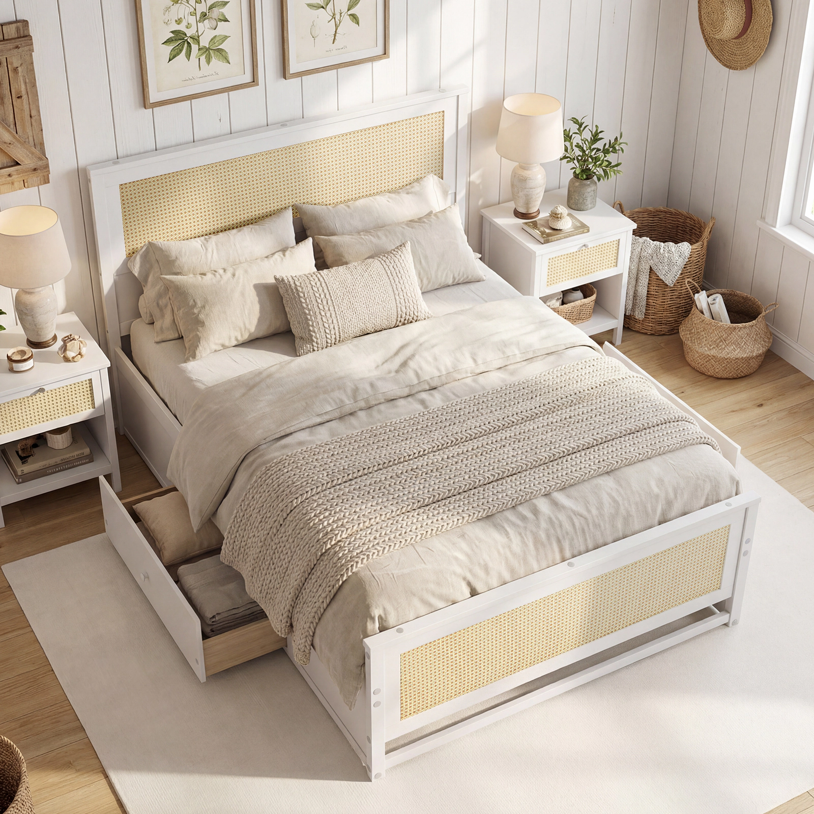 SUGIFT Full Size 400-lb Bed Capacity Rattan Wood Bed Frame with 2 Storage Drawers 79-in L 57-in W 41.5-in H White
