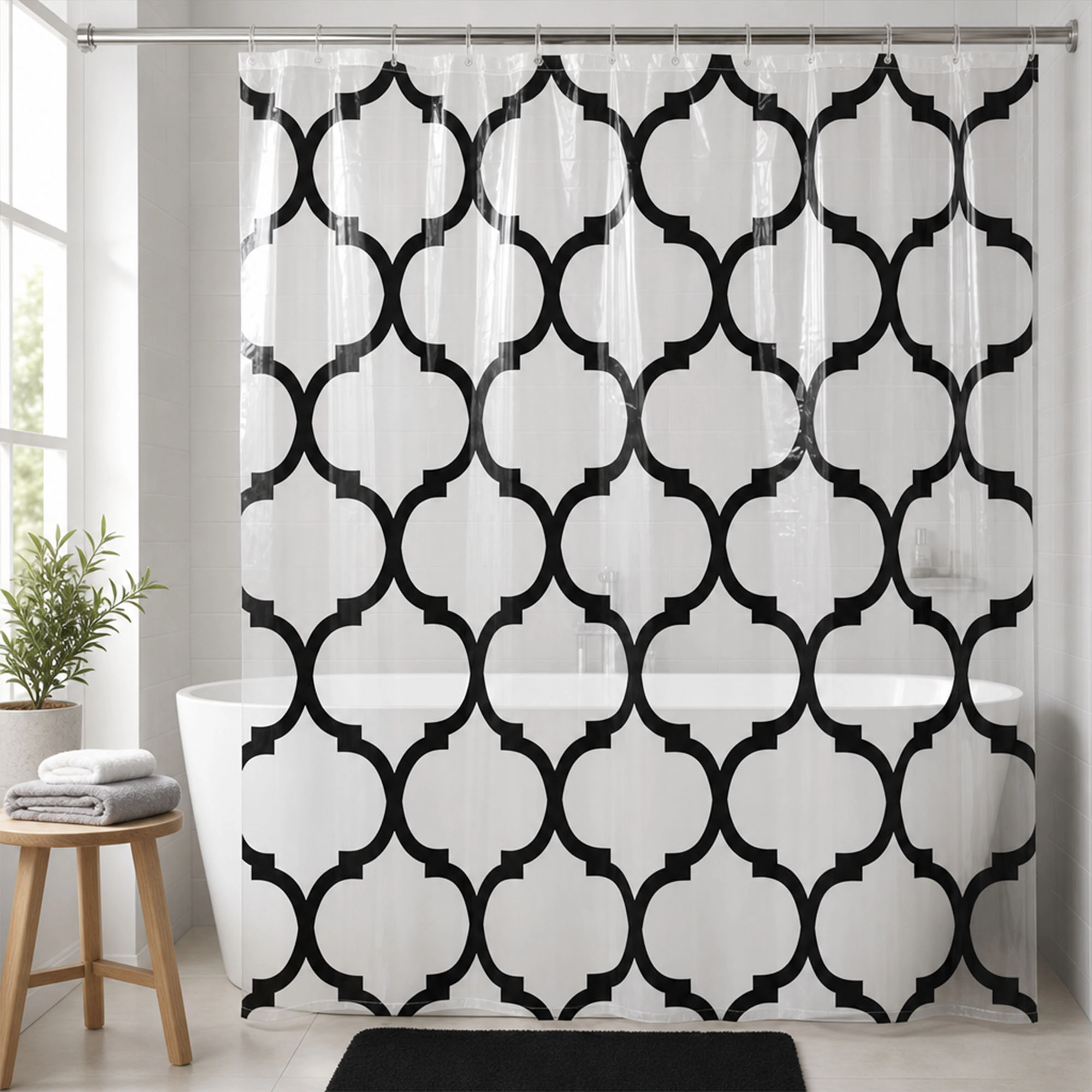 Evideco French Home Goods Clear Shower Curtain Black Arabesque Print Waterproof PEVA Liner