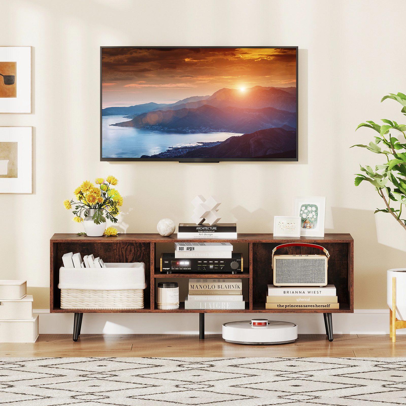 SUGIFT 47.5-in TV Stand for 55-Inch TV with Compartments and Metal Legs 132-lb Countertop Capacity Rustic Brown & Black