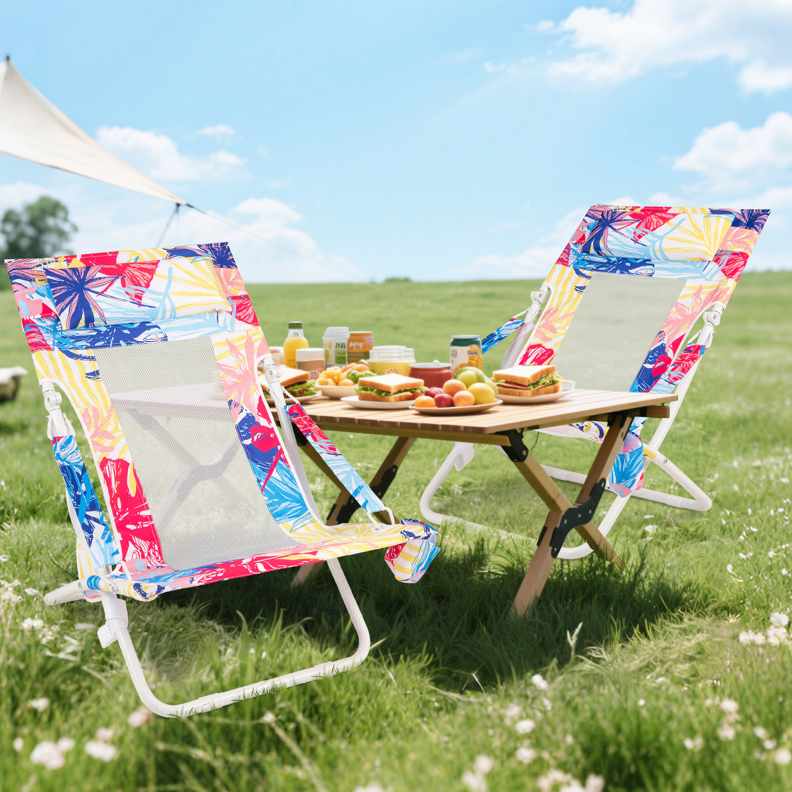 SUGIFT Set of 2 Pink Low Folding Beach Sling Chairs with Headrests, Cup Holders and Towel Racks