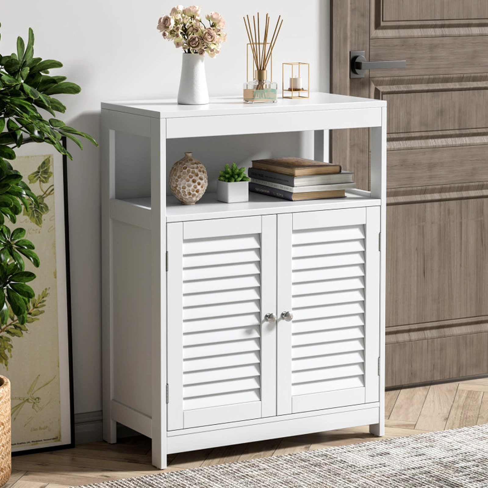 SUGIFT White 77-lb Top Capacity Freestanding Bathroom Floor Cabinet with Double Shutter Doors and 3-Position Shelf