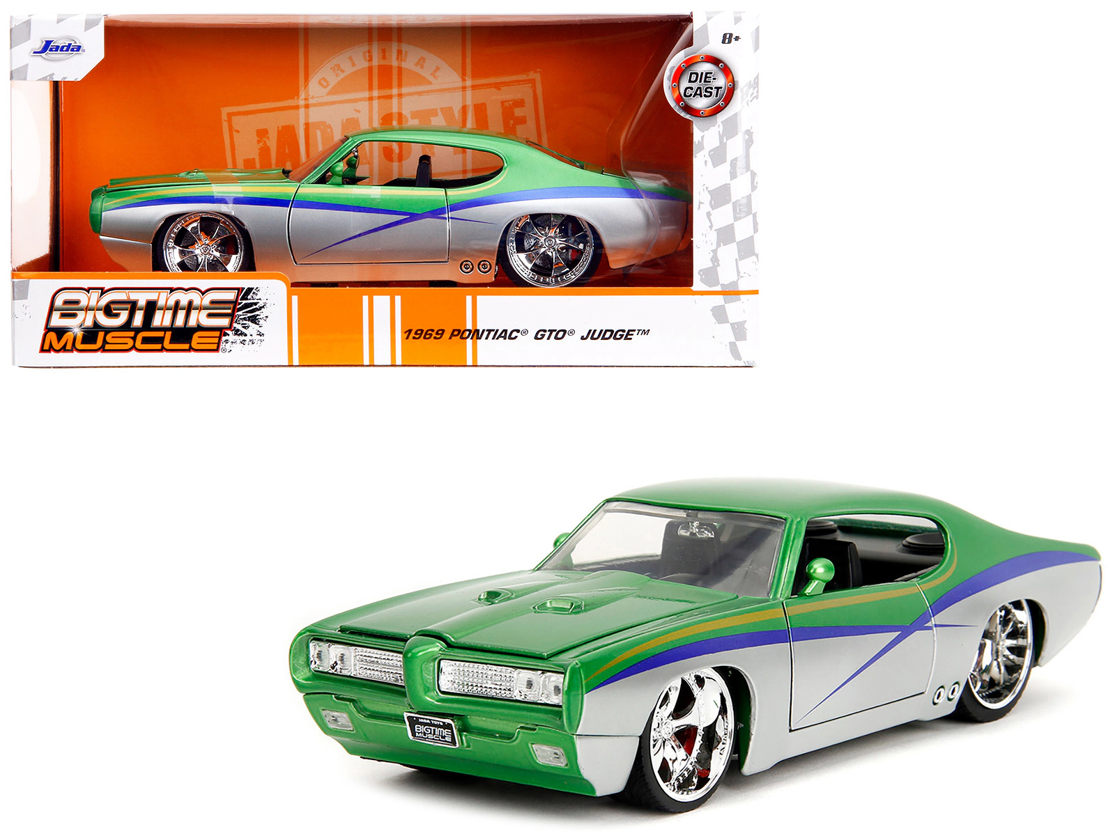 Jada 1969 Pontiac Gto Judge Green Metallic And Silver With Stripes "Bigtime Muscle" Series 1/24 Diecast Model