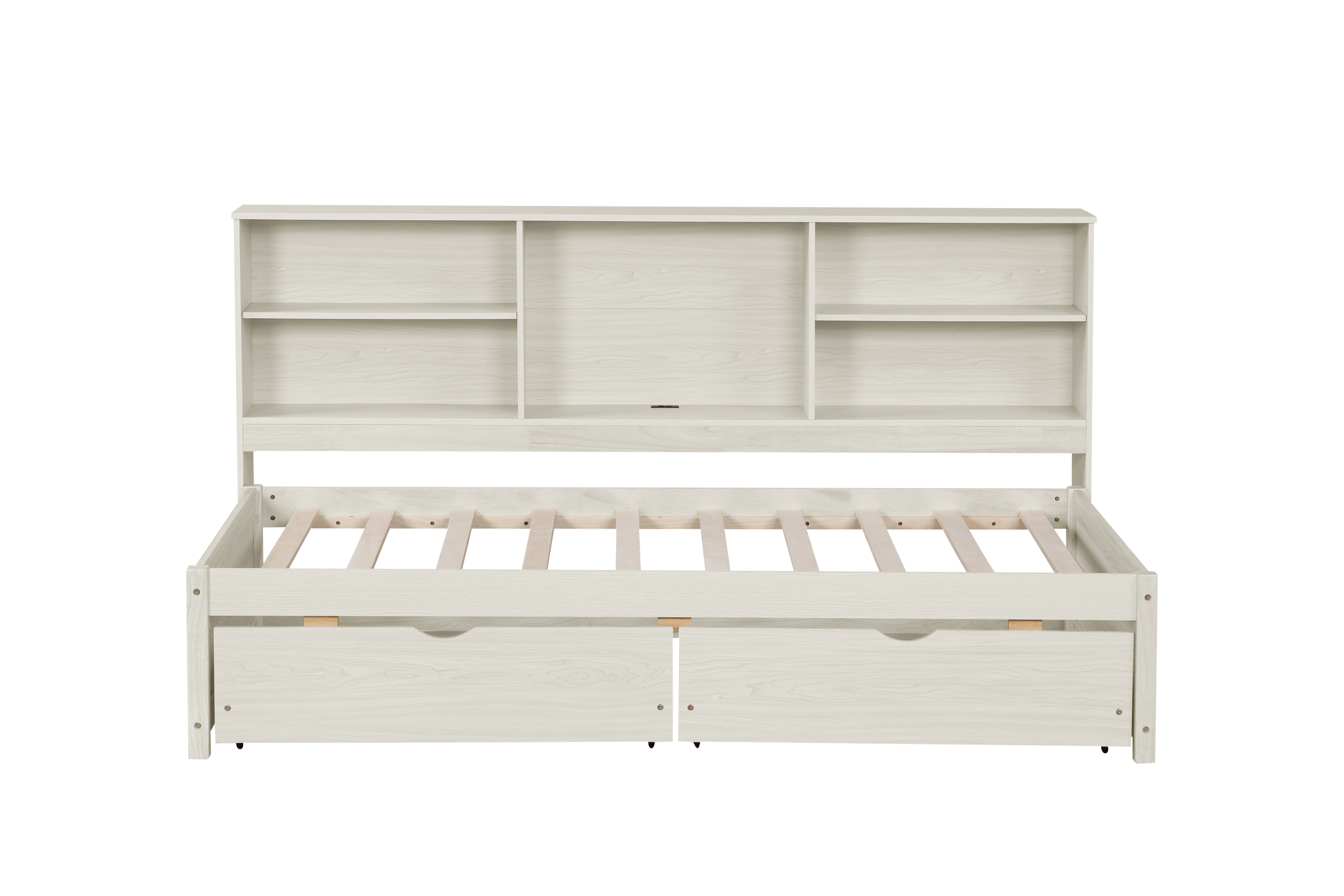 Flynama Twin Bed Frame with Side Bookshelves, Two Drawers & USB Port, Creamy White
