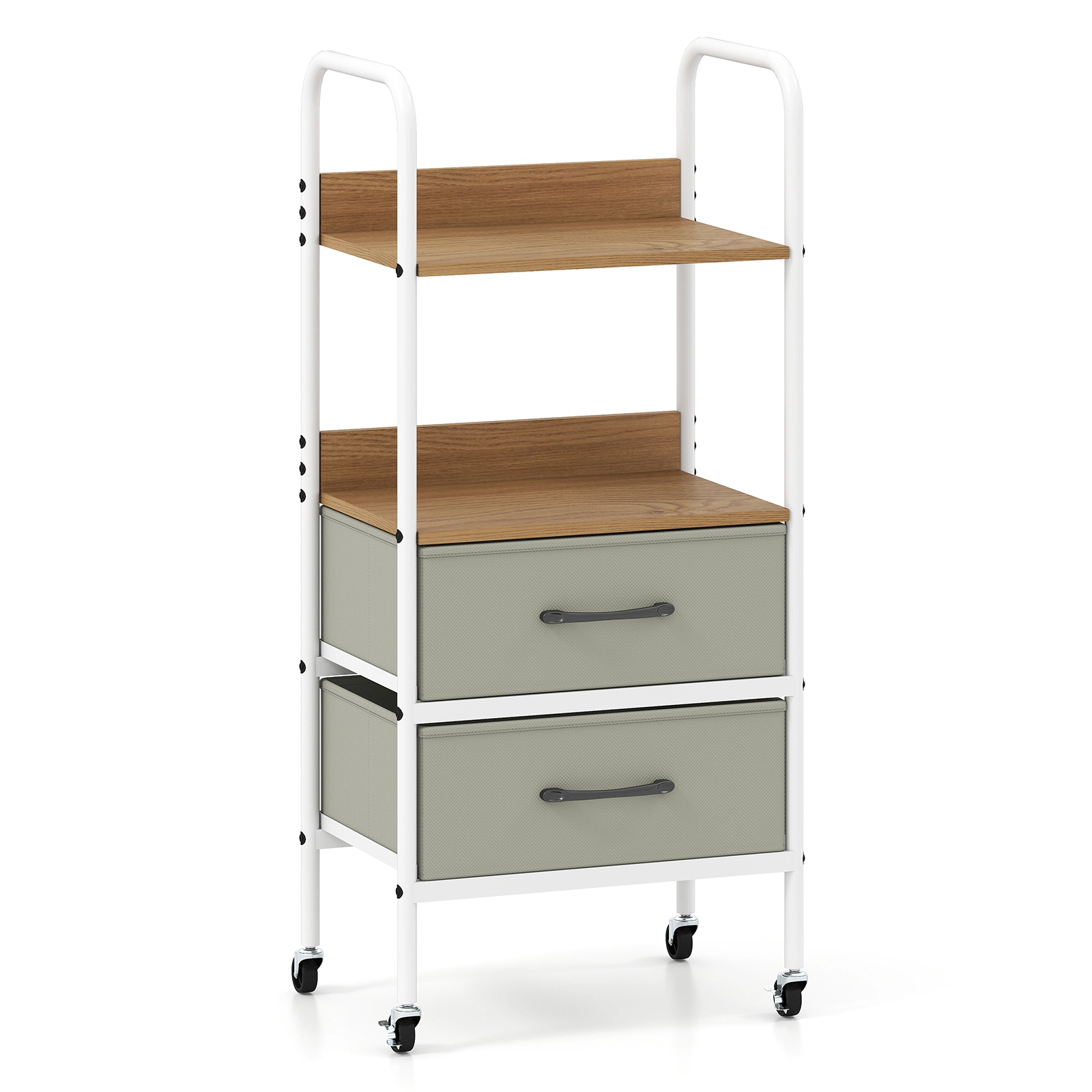 SUGIFT Rolling Utility File Storage Cart 2 Open Shelves & 2 Fabric Drawers 22-lb Shelf Capacity Natural + Gray + White