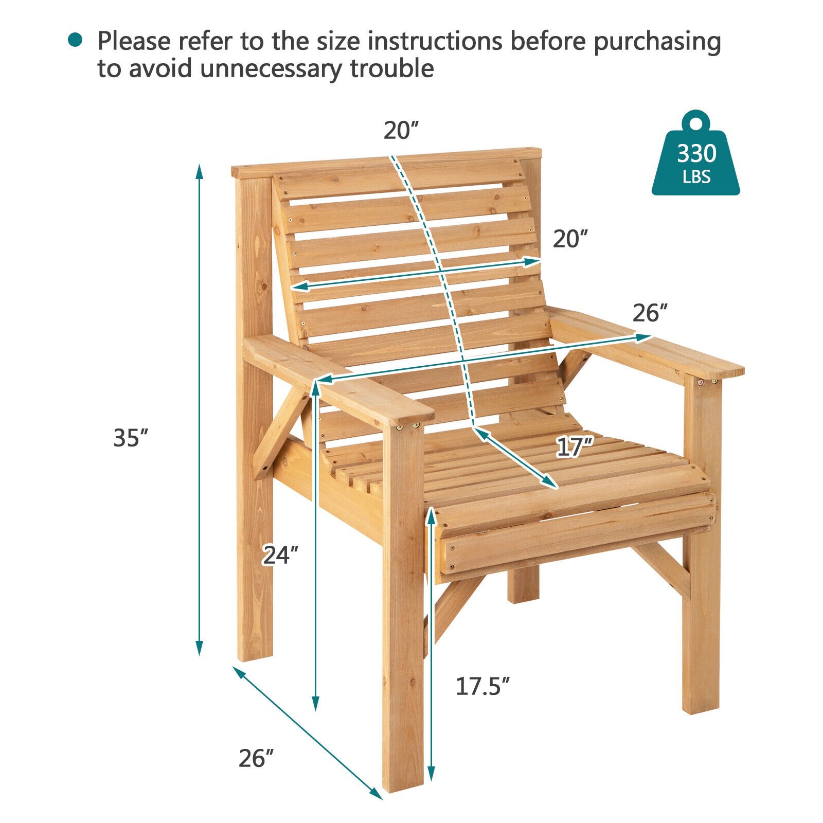 SUGIFT Natural Solid Fir Wood Outdoor Dining Armchair with Inclined Backrest 26-in W 26-in D 35-in H