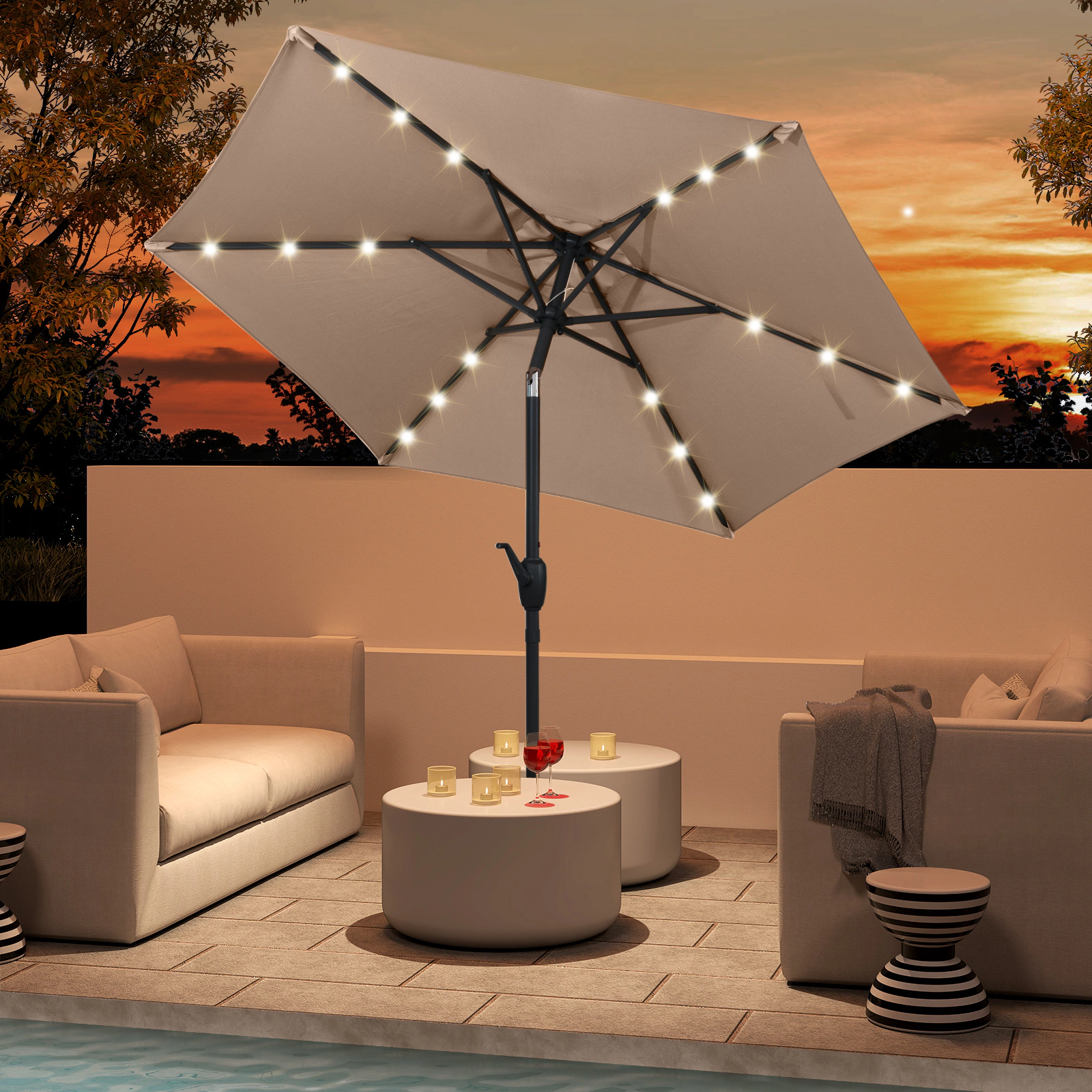 SUGIFT Tan 7.5 ft Solar Powered Patio Umbrella with 18 LED Lights and Crank Handle