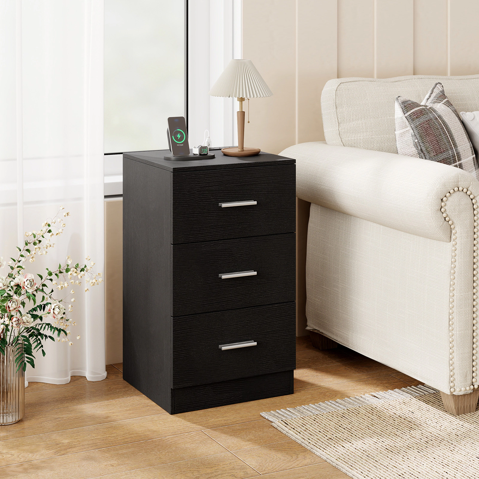 SUGIFT Nightstand Charging Station End Table 3 Storage Drawers 44-lb Countertop Capacity 22-lb Drawer Capacity Black
