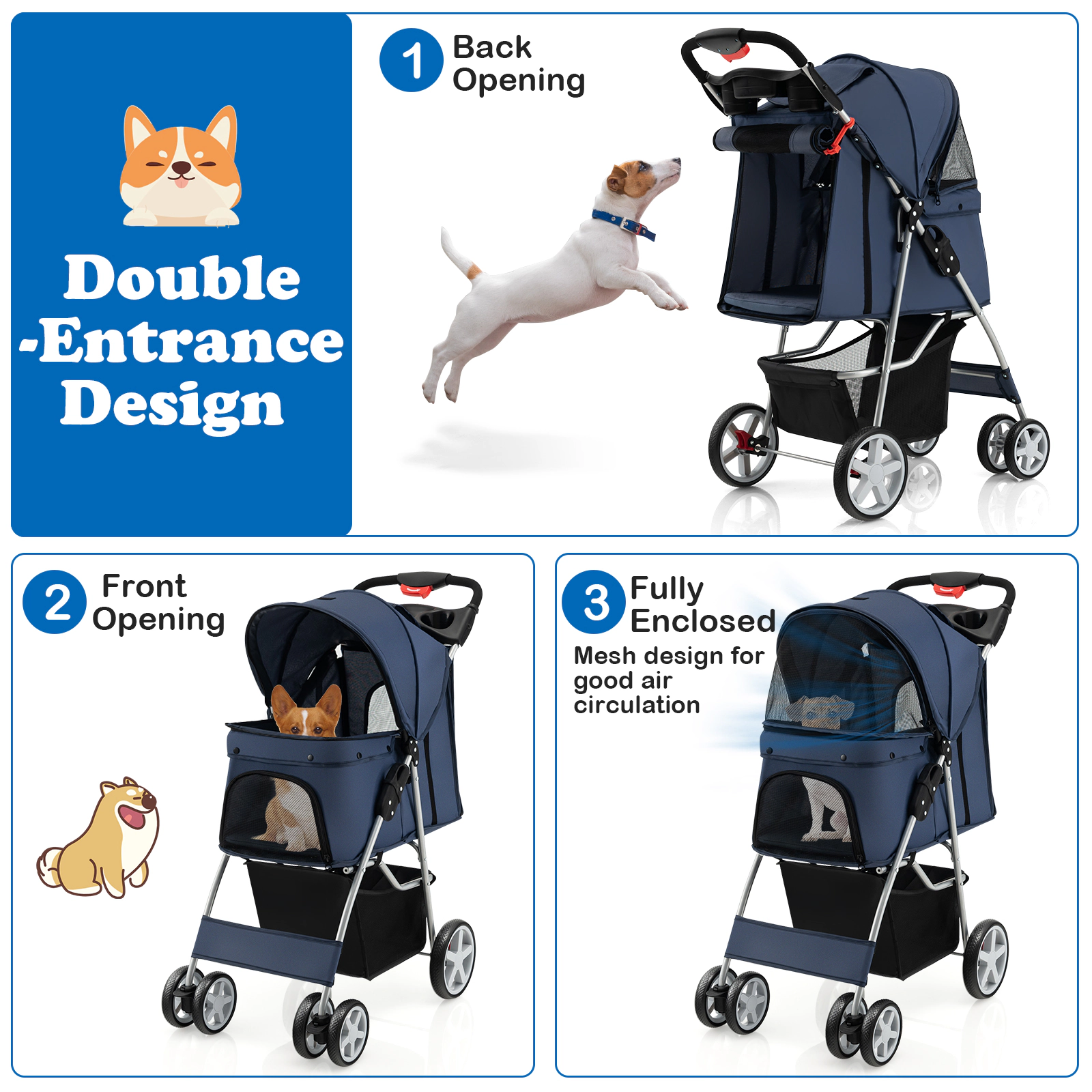SUGIFT Navy Lightweight Folding Pet Stroller with Storage Basket 34-in W 18-in D 40-in H 33-lb Seat Capacity