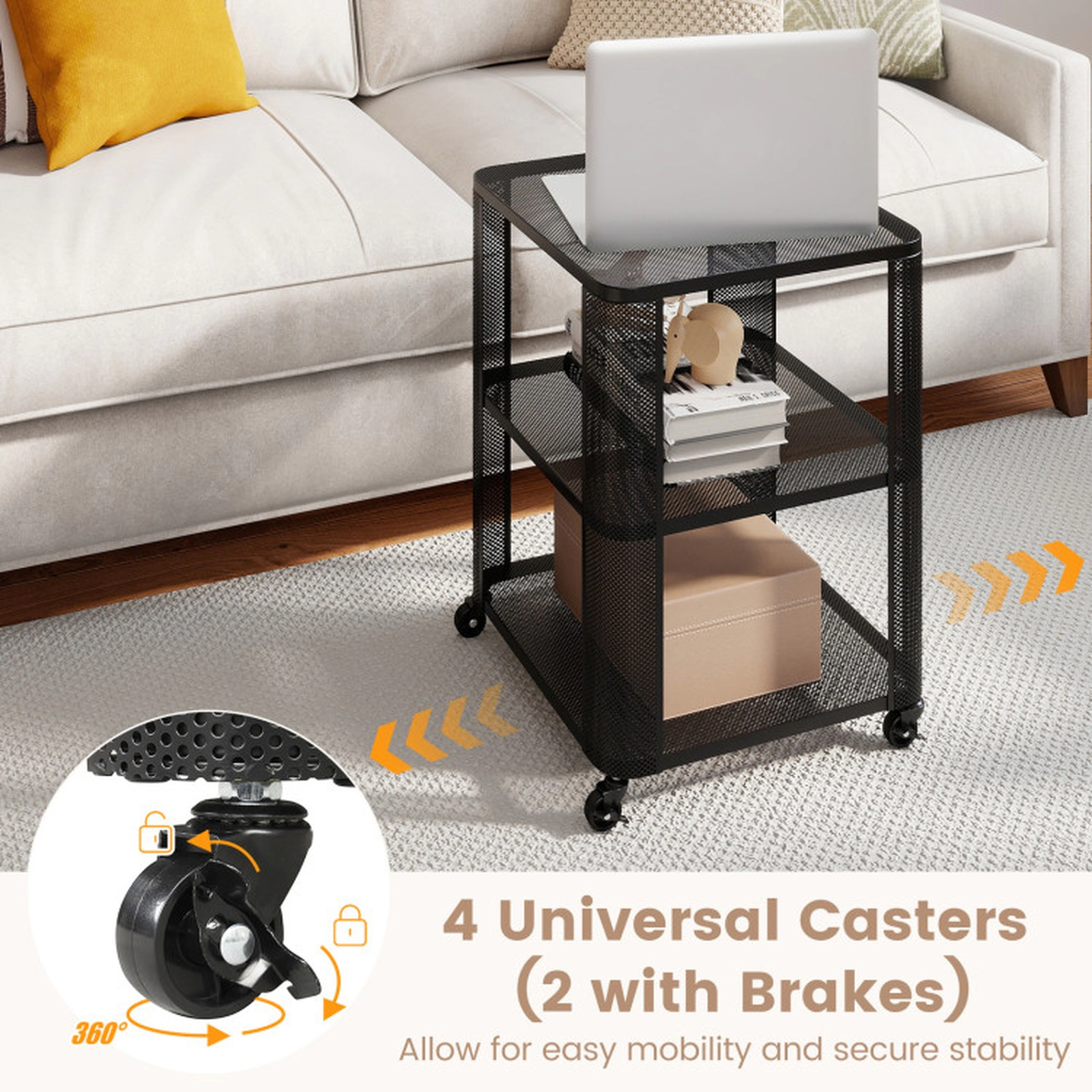 SUGIFT 3-Tier Rolling End Table with Wheels Metal Side Table 112-lb Countertop Capacity 33-lb Shelf Capacity Black