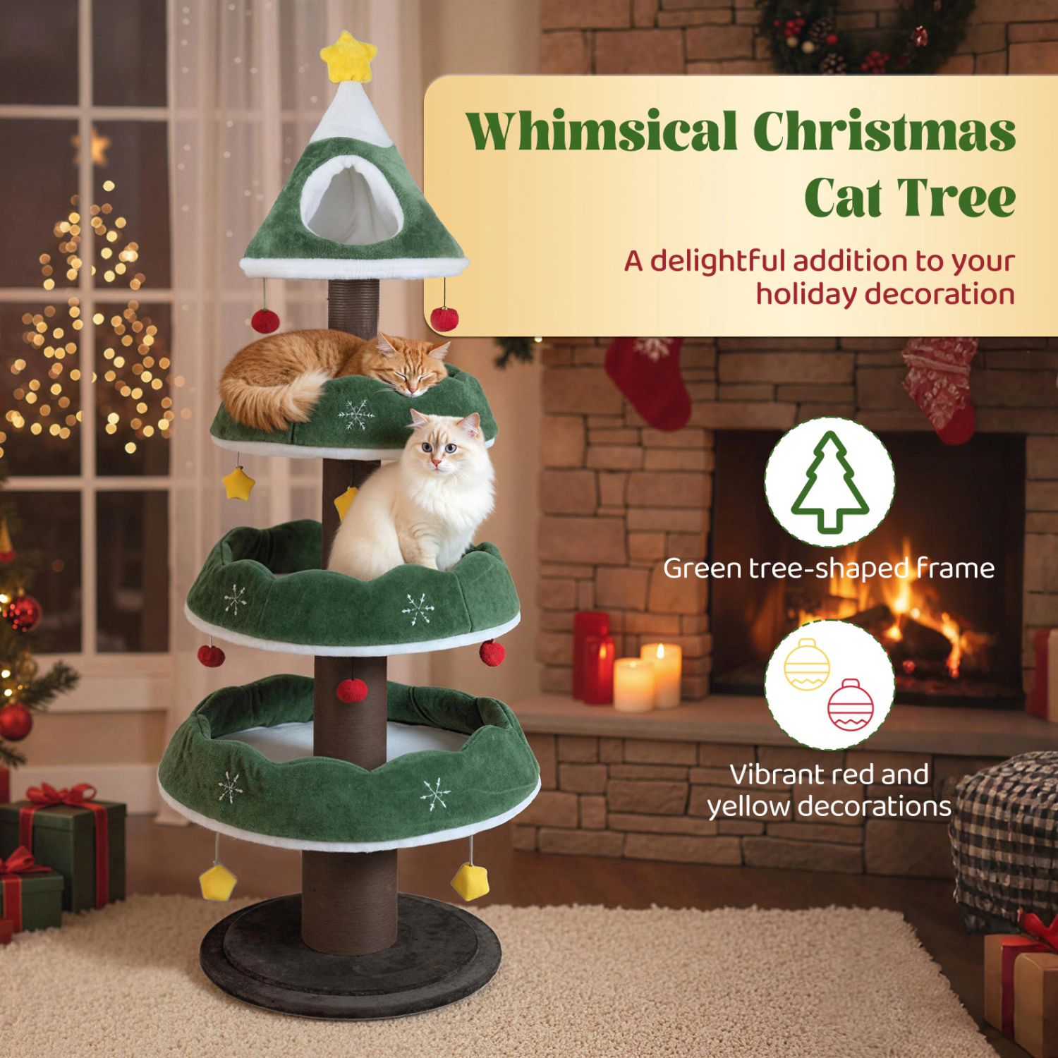 LJG Multi-level Christmas Cat Tree with 3 Platforms & Upholstered Top Perch