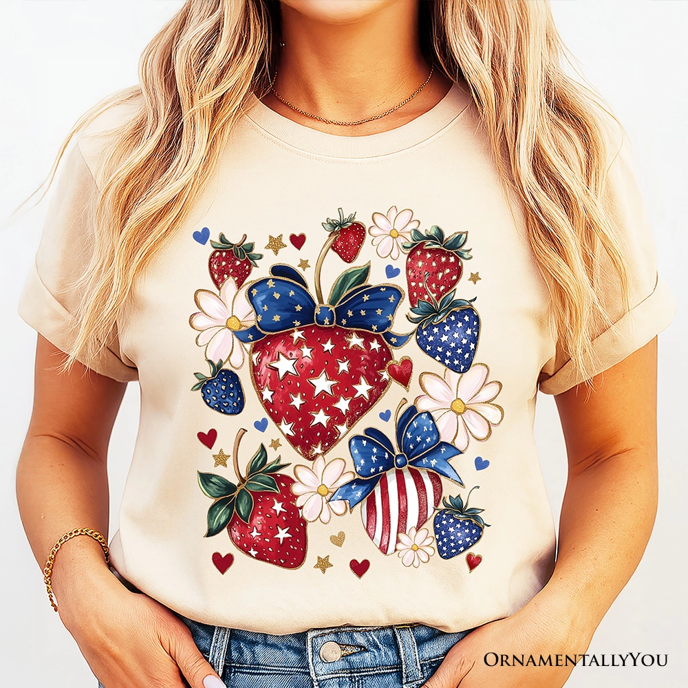 OrnamentallyYou Womens Patriotic Boho Strawberries Bouquet 4th Of July T-Shirt