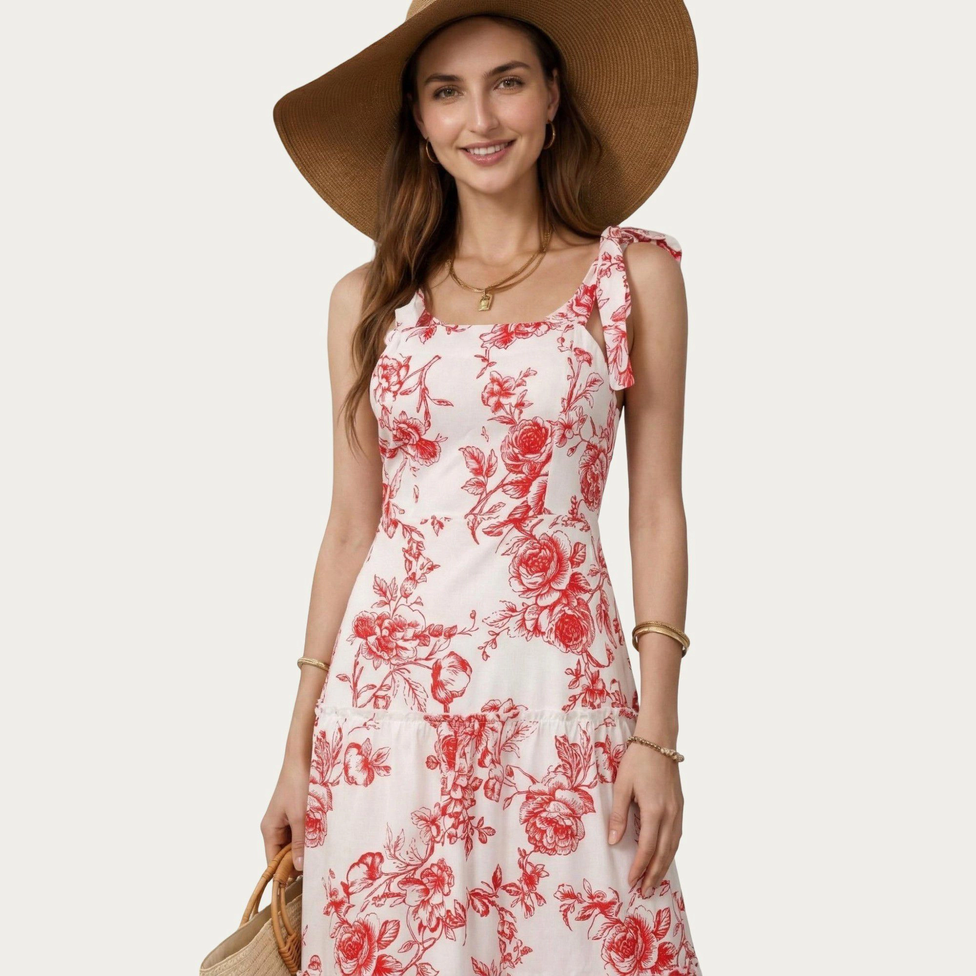 Anna-Kaci Women's Sleeveless Floral Ruffle Strap Detail Square Neck Tiered Skirt Flowy Maxi Dress