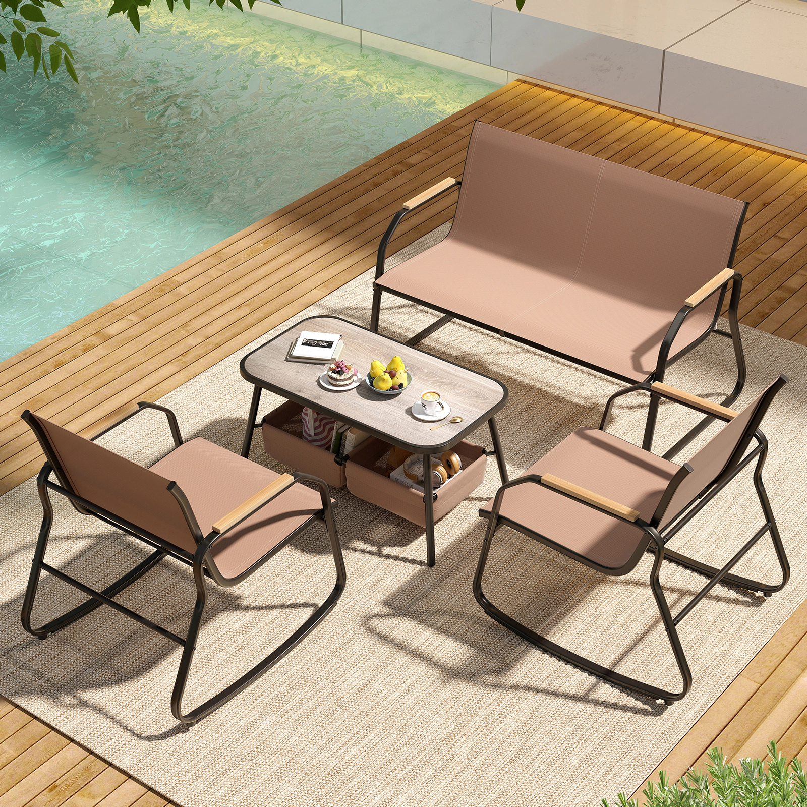 LJG 4 Pieces Patio Furniture Set with Rocking Bistro Chairs and Breathable Mesh Fabric