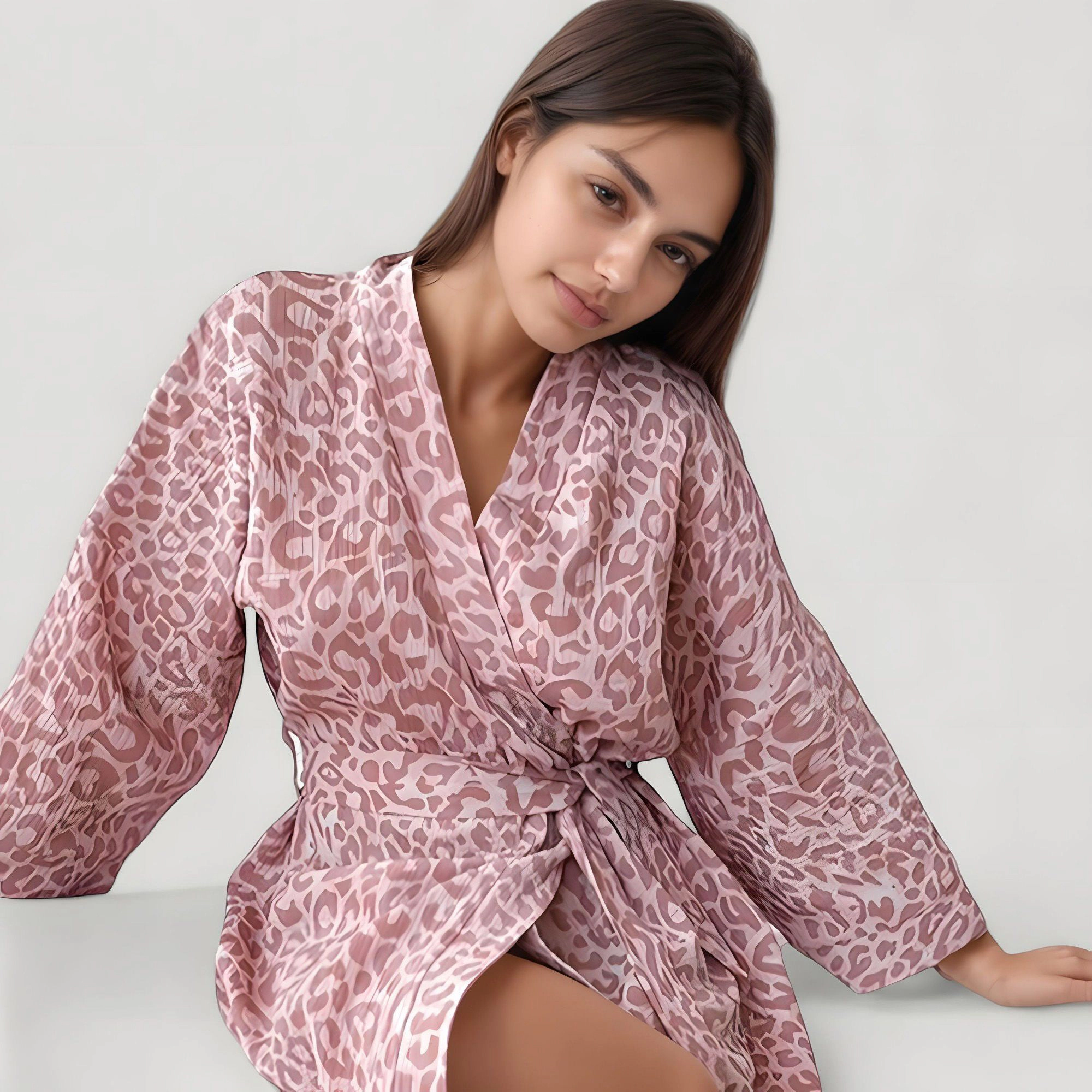 Anna-Kaci Women's Leopard Print Bath Robe with Waist Tie and Wide Sleeves