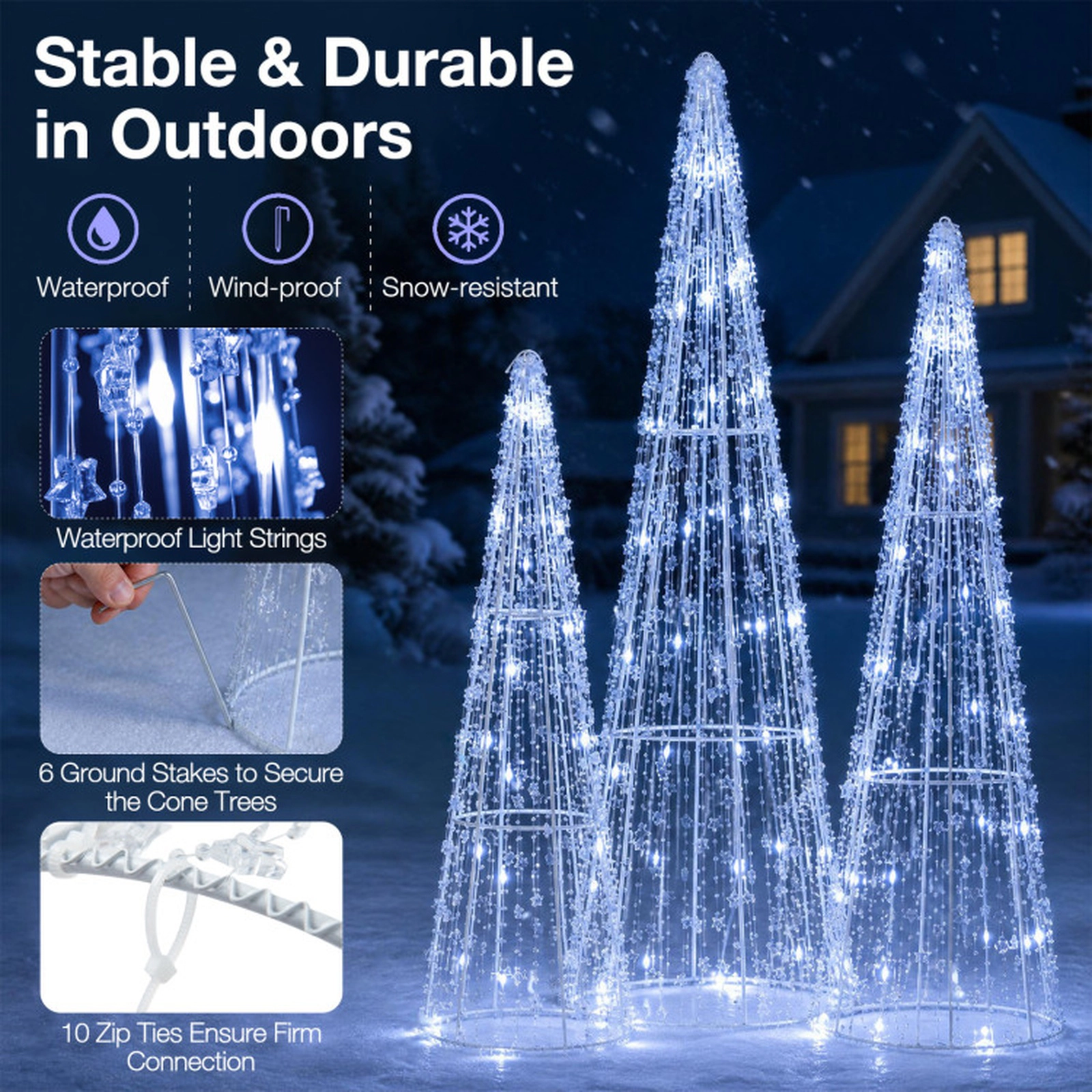SUGIFT Set of 3 Pre-lit Christmas Cone Trees with Star Strings Metal PS PVC Cold White