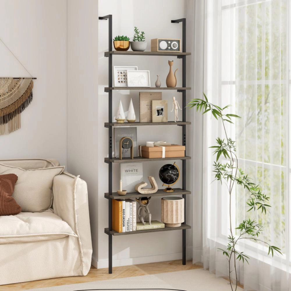 Hivvago 6-tier Ladder Shelf 72 Inches Industrial Wall Mounted Bookshelf