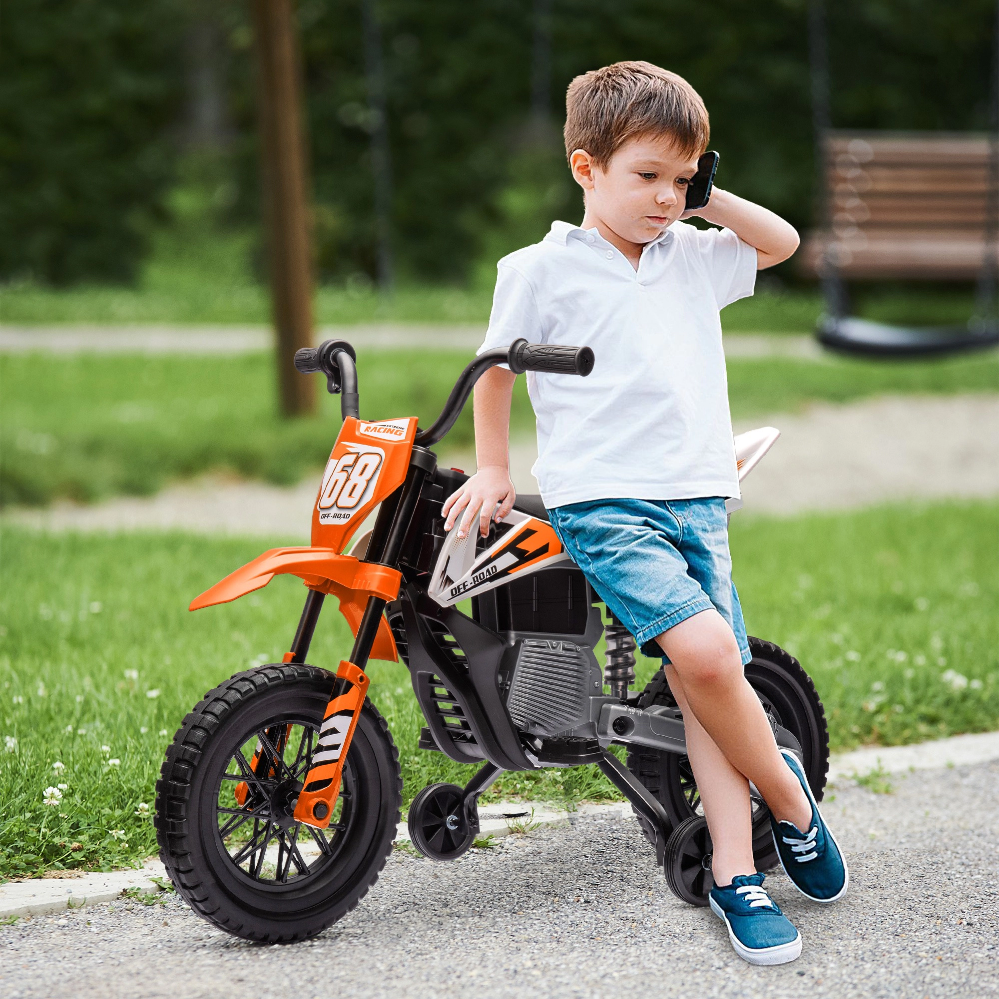 HONGGE Qaba 12V Kids Electric Motorcycle w/ Twist Grip Throttle, Training Wheels, Rear Suspension & Music