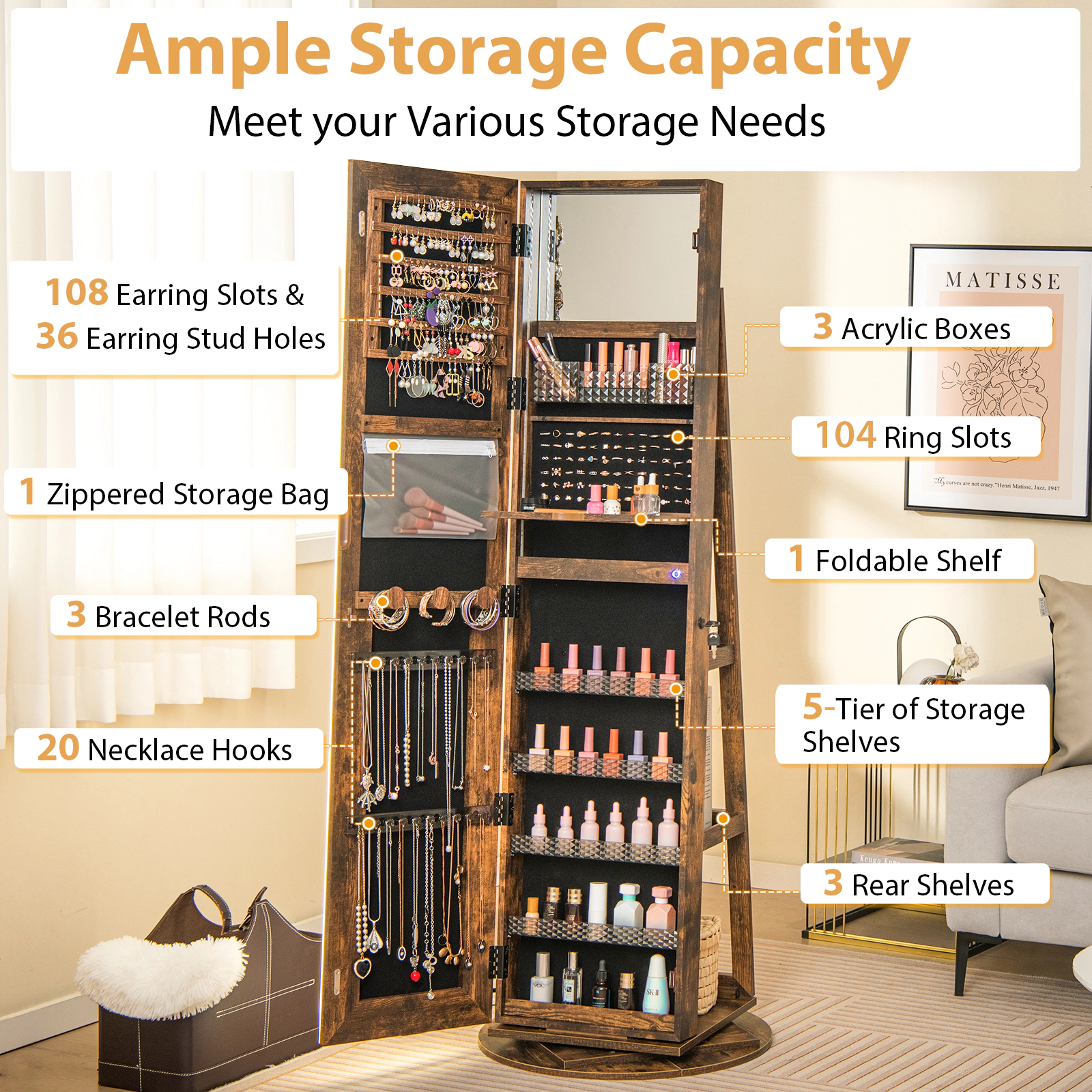 Hivvago Freestanding Jewelry Storage Cabinet with LED Lights
