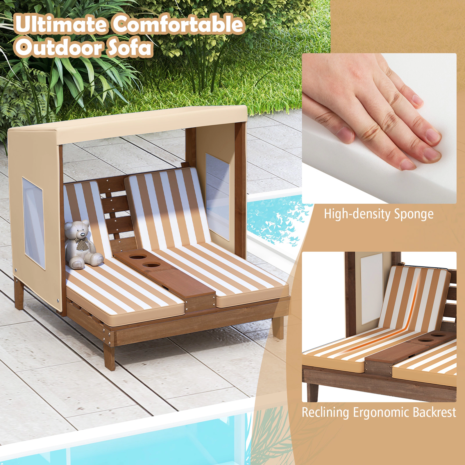 SUGIFT Kids Double Chaise Lounger with Canopy, Cushion, Cup Holders and Storage, Brown