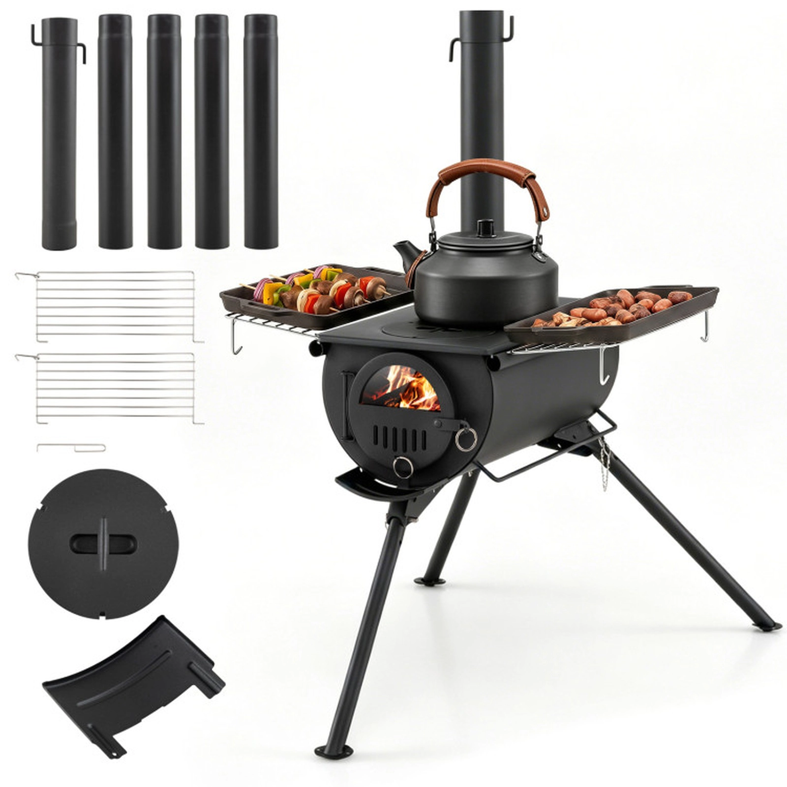 SUGIFT Foldable Wood-Burning Hot Tent Stove, Carbon Steel, 5 Chimney Pipes, Viewing Window