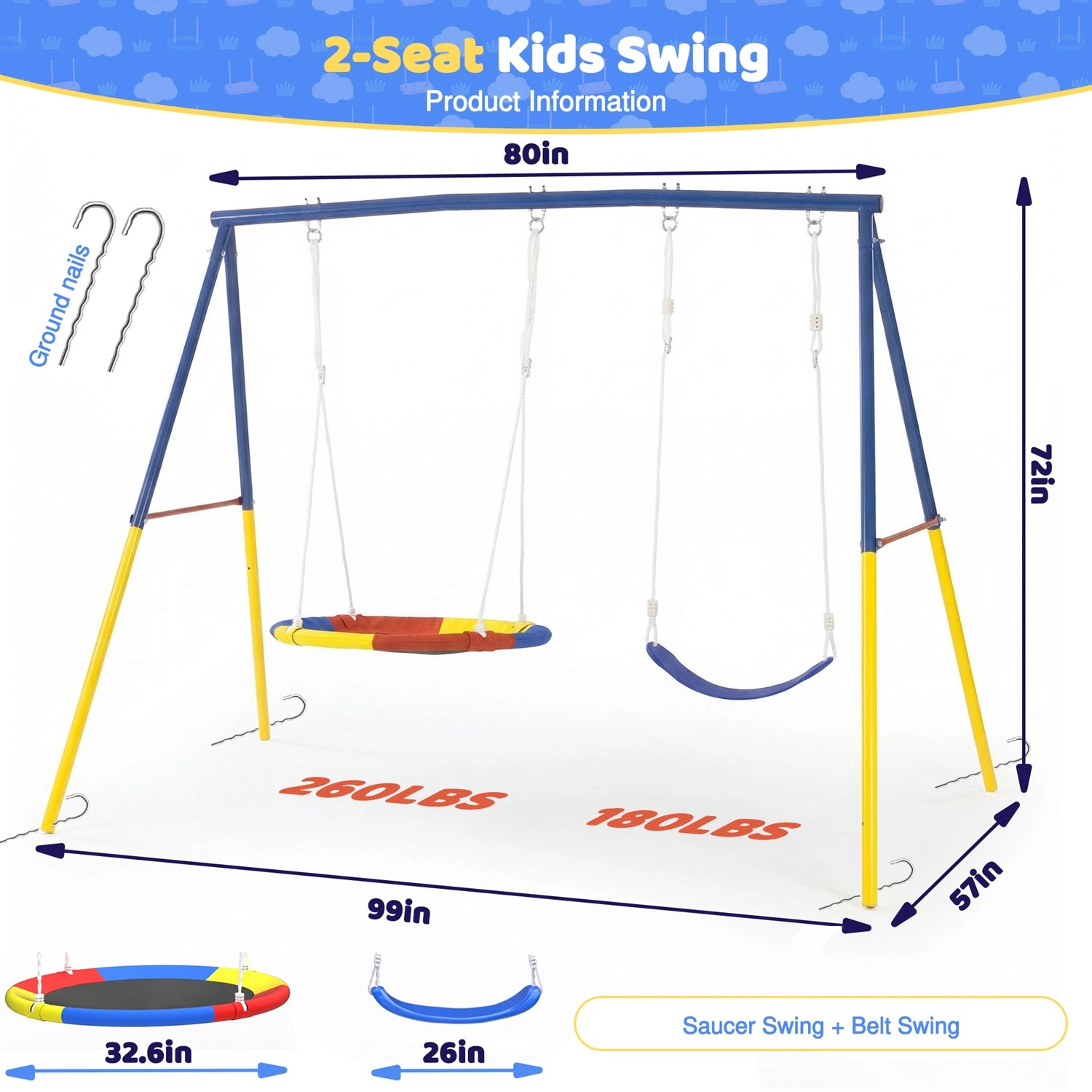 GBruno 2-in-1 A-Frame Metal Swing Set For Backyard